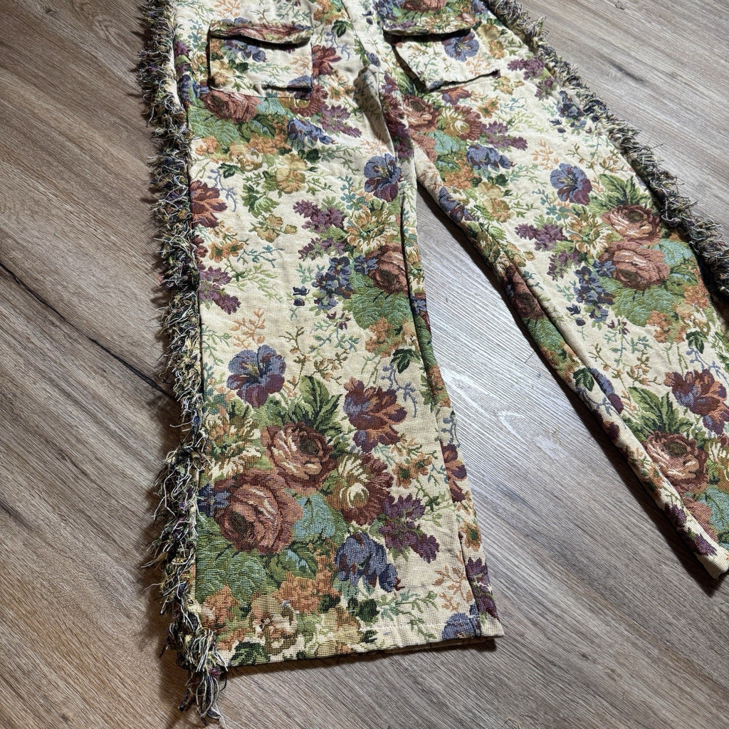 NWT MICAS Floral Tapestry Jacquard Fringe Cargo Pants Rave Bandeau Set Womens L