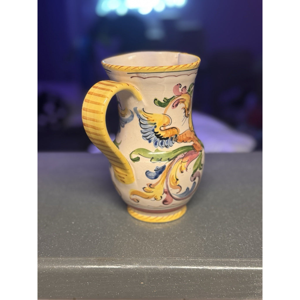 Vtg Italian Majolica Hand Painted Pitcher Floral Ceramic Vase Italy 6.75”