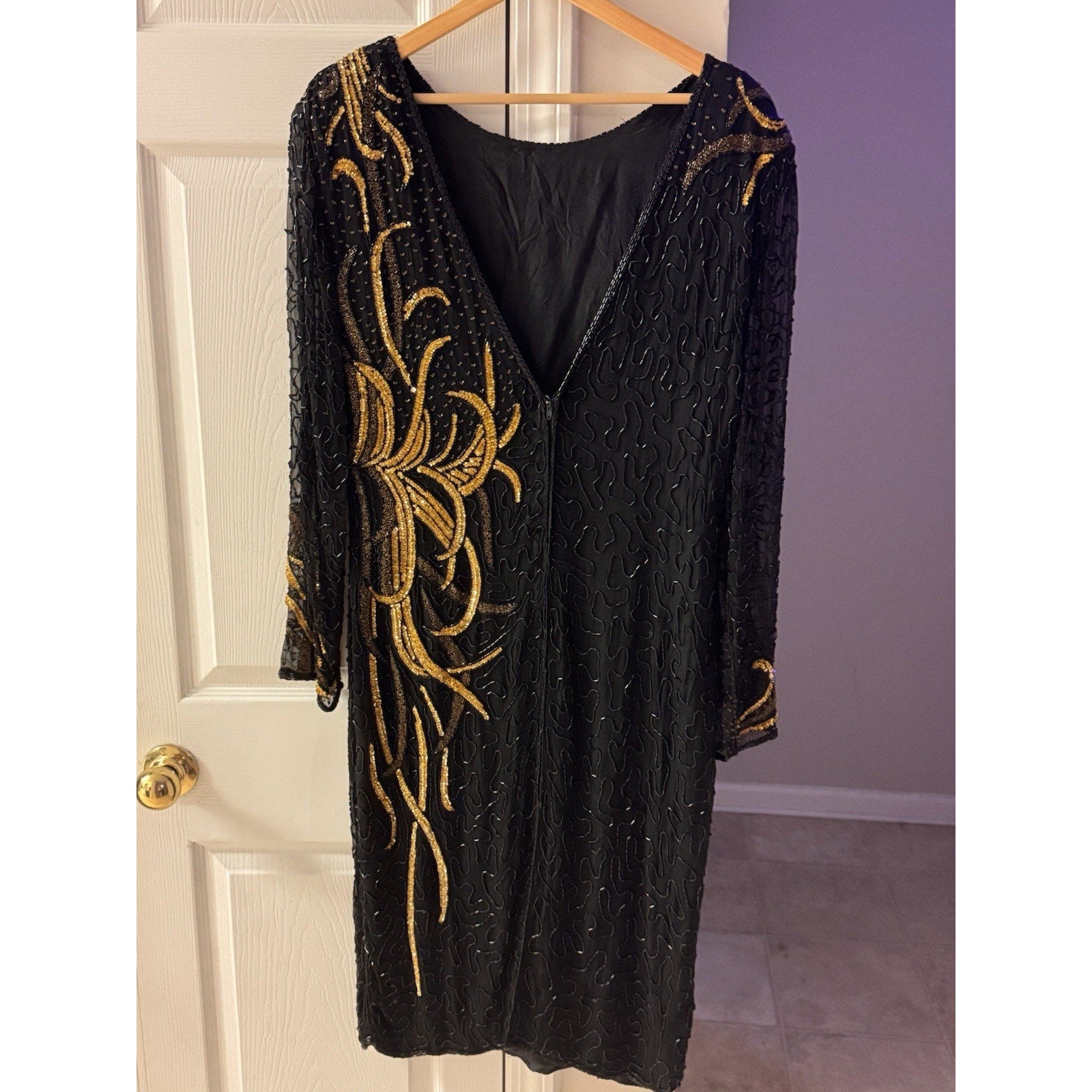Vtg 1970-80s Jewel Queen 100% Pure Silk Black Gold Beaded Cocktail Dress Large