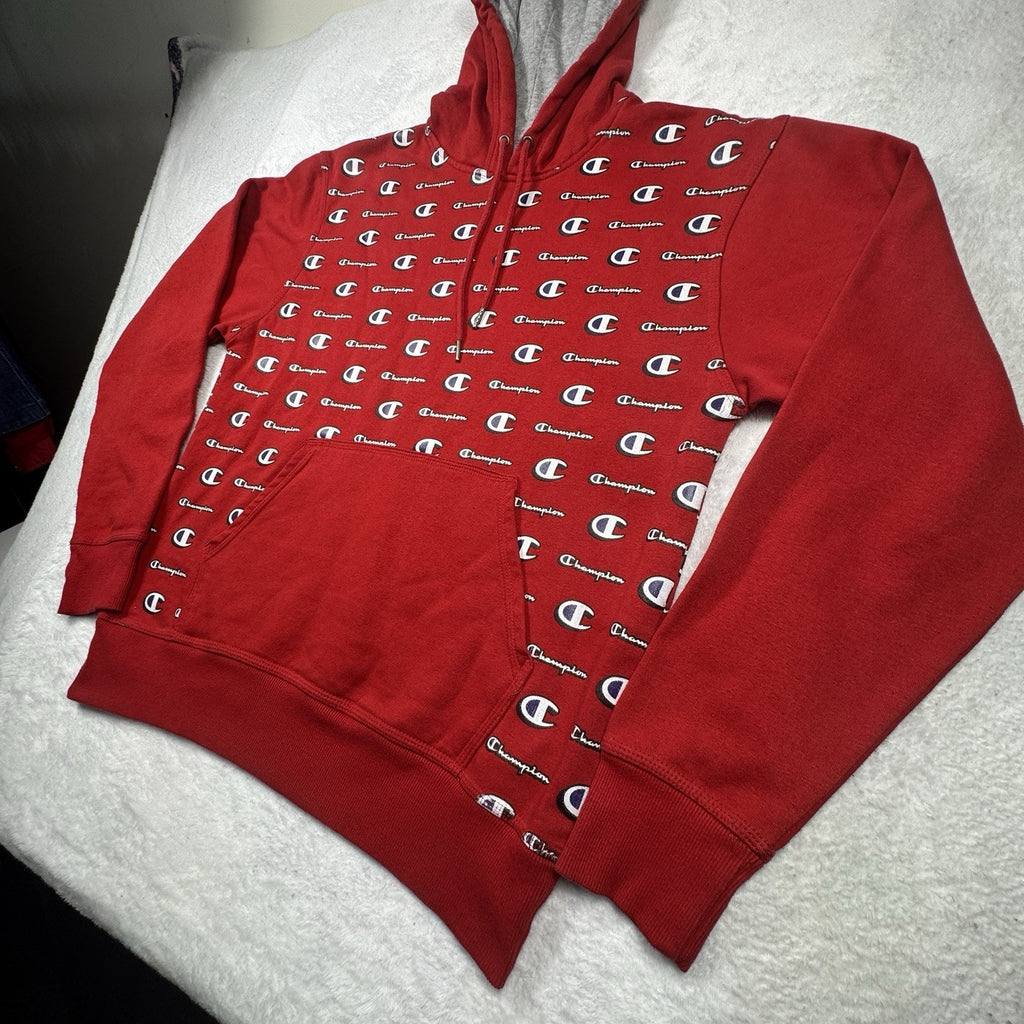 Champion All Over Logo Print Hoodie Mens M Red Pullover Sweatshirt Spell Out AOP