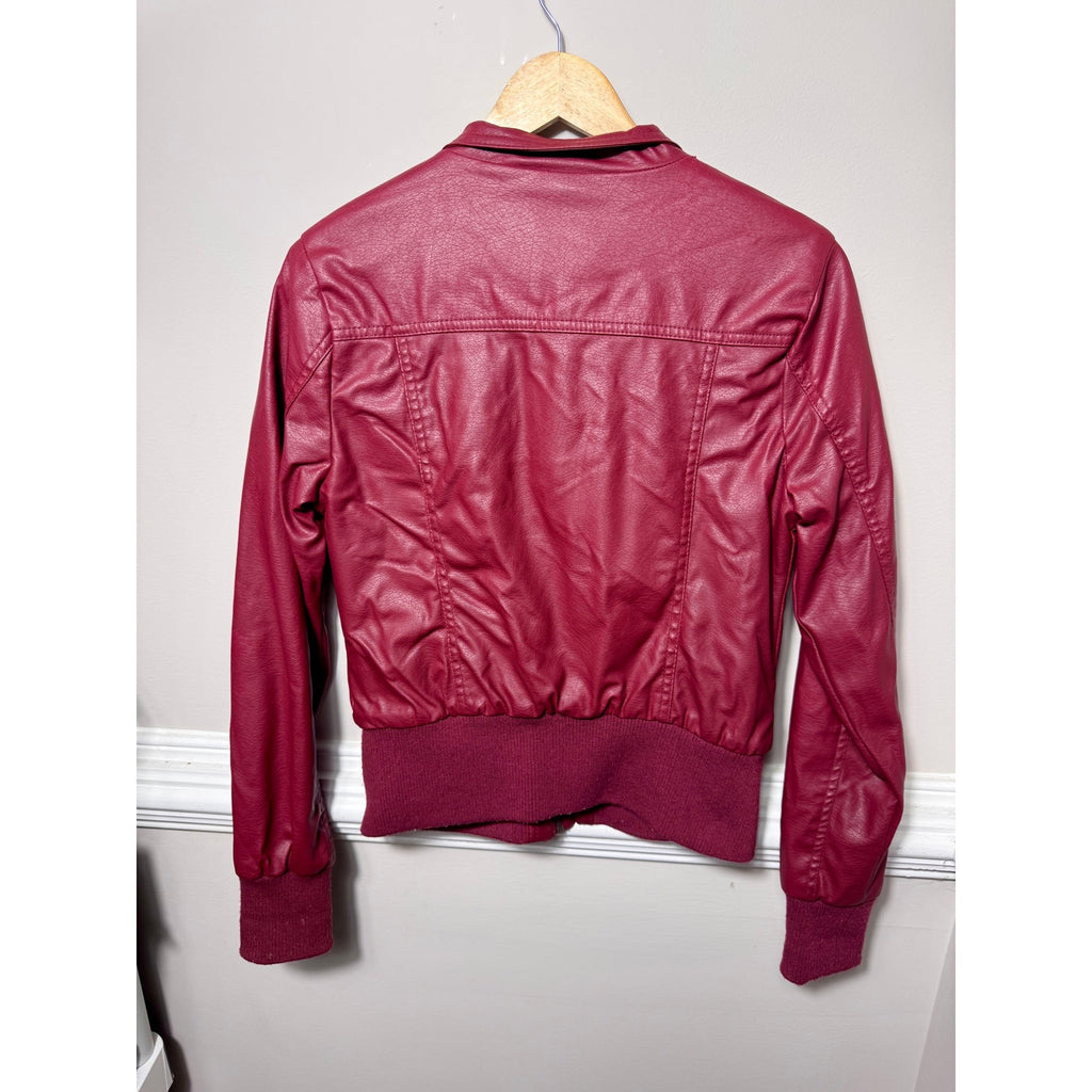 Ashley Faux Leather Sherpa Lined Moto Bomber Jacket Burgundy Women’s M Medium