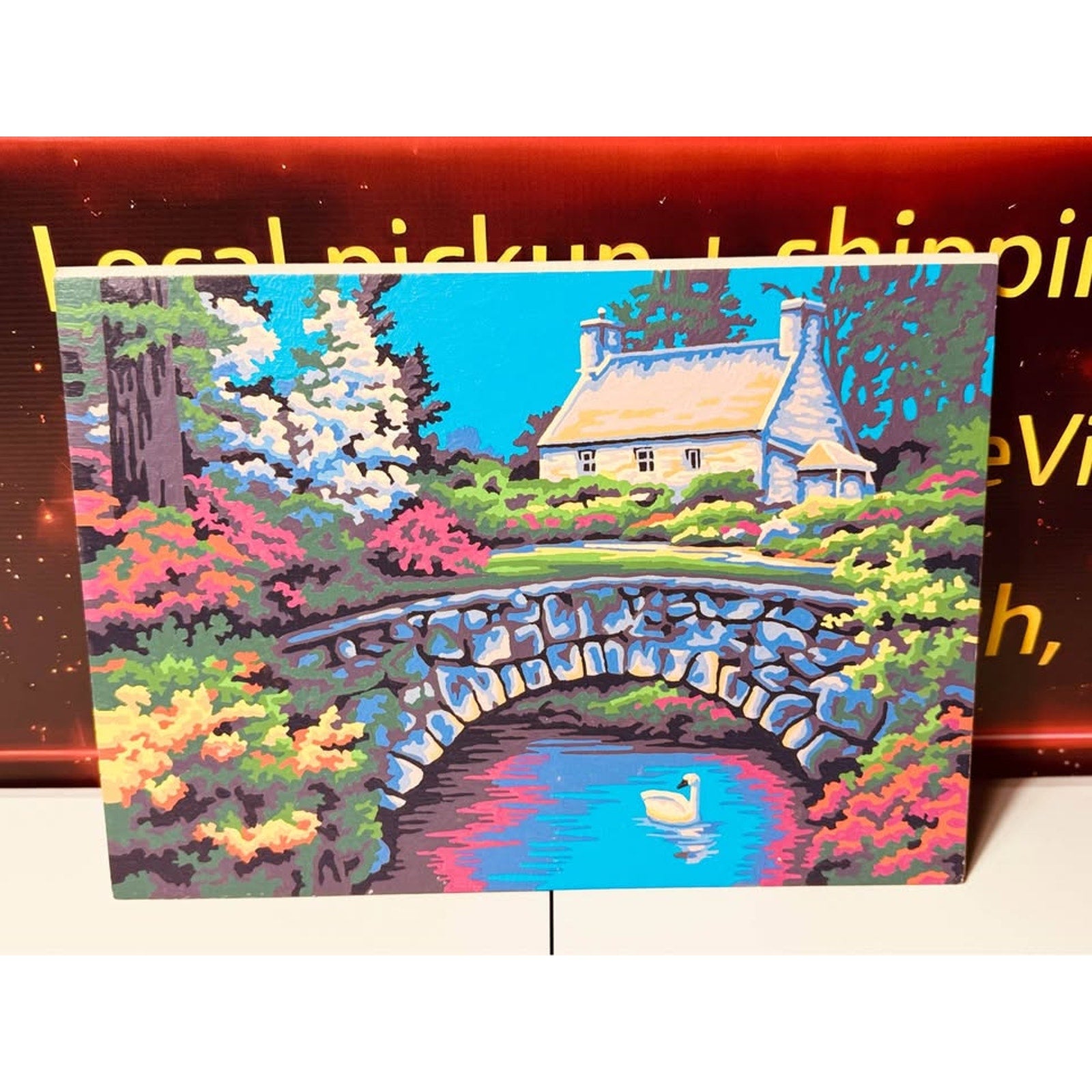 Vintage Hand Painted Paint By Numbers Cottage Landscape Art Mid Century Decor