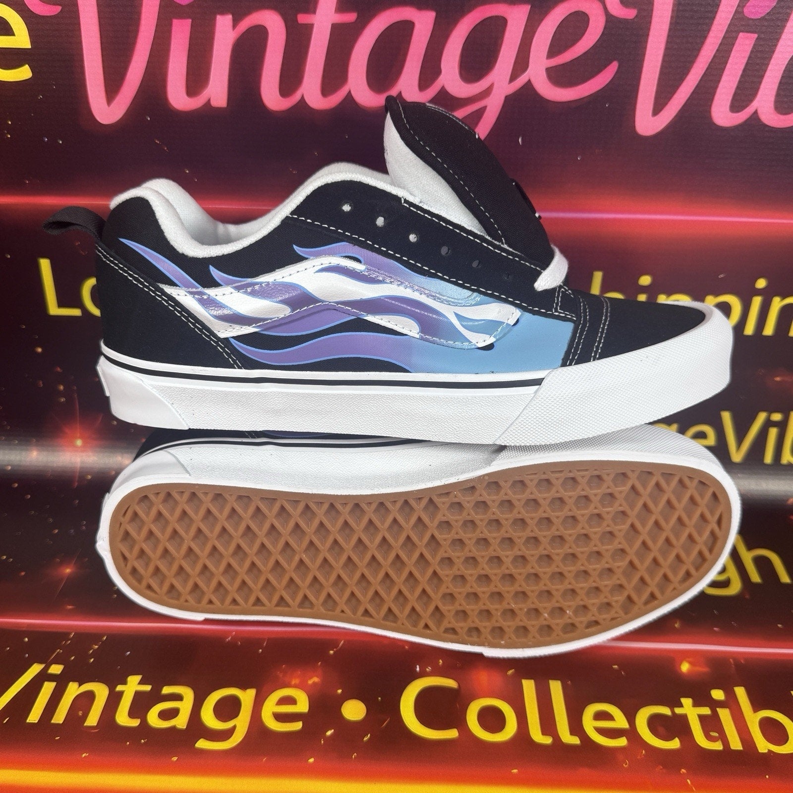Vans Knu Skool Flame Black Blue Skate Shoes Men’s 9 W 10.5 Y2K Chunky Sneakers