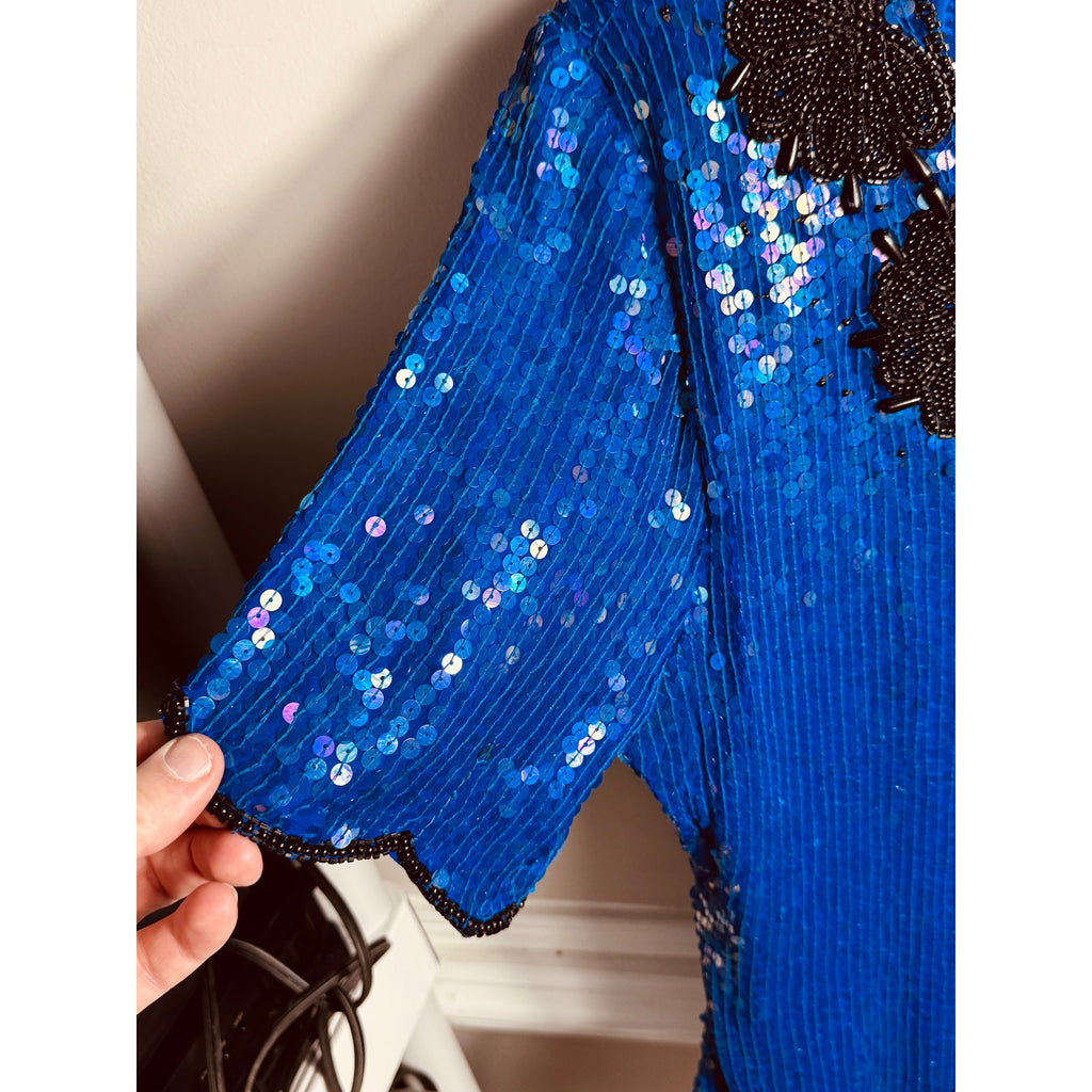 Vintage Stenay Silk Beaded Sequin Top Blue Black Evening Party Blouse Women’s Large