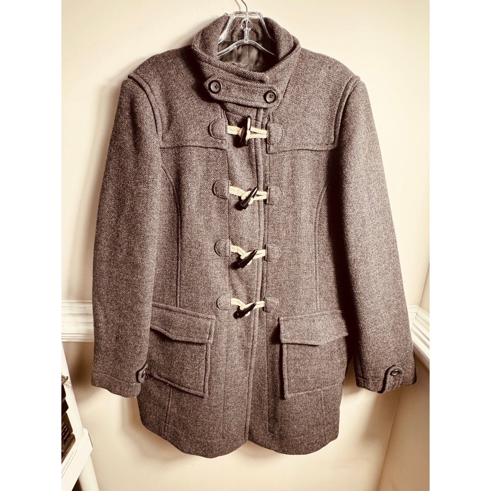 Vintage Banana Republic Gray Wool Duffle Coat Women Large Safari Travel Jacket