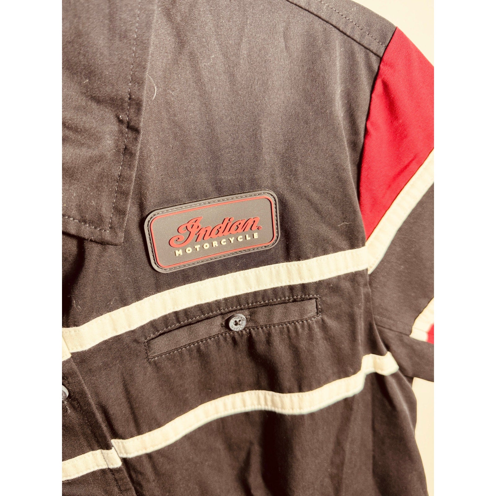 Indian Motorcycle Women’s Medium Button Up Garage Shop Shirt Black Red Biker