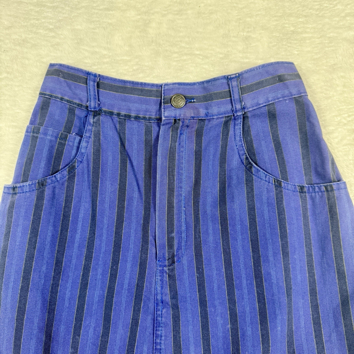 Vtg 1980s Serge Azar Paris Striped Cotton Midi Skirt Women 6 24” Blue Hong Kong