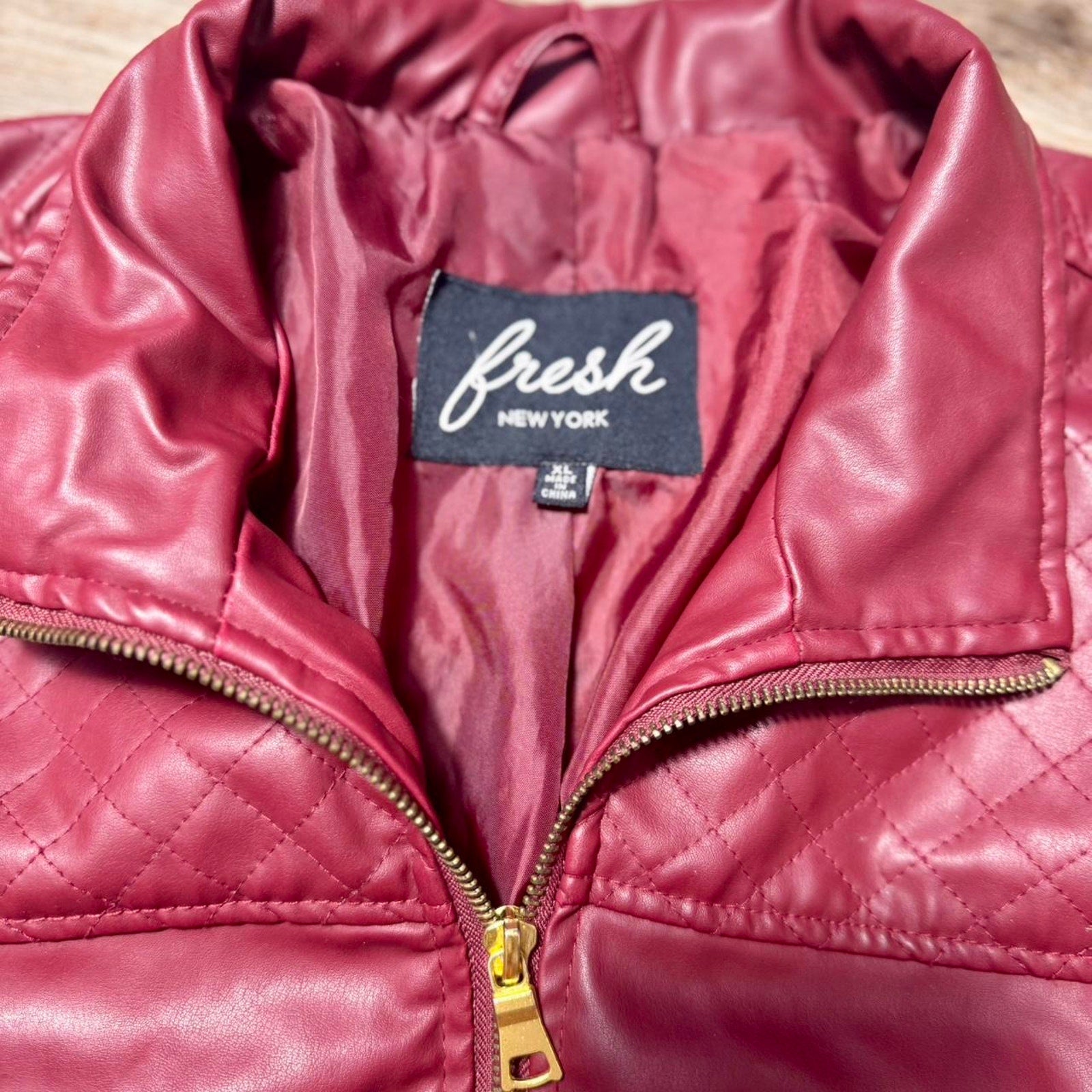 Red faux leather moto jacket