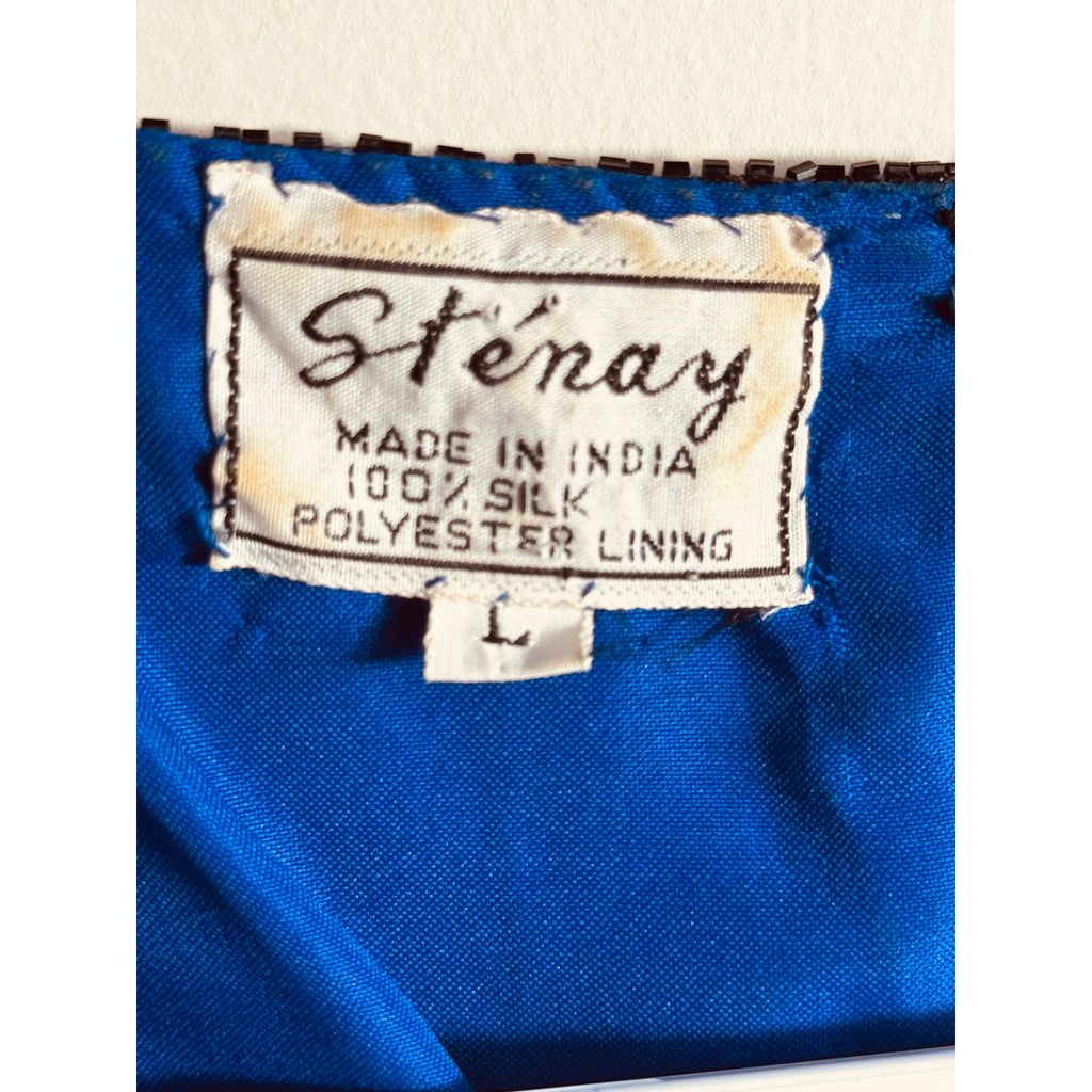 Vintage Stenay Silk Beaded Sequin Top Blue Black Evening Party Blouse Women’s Large