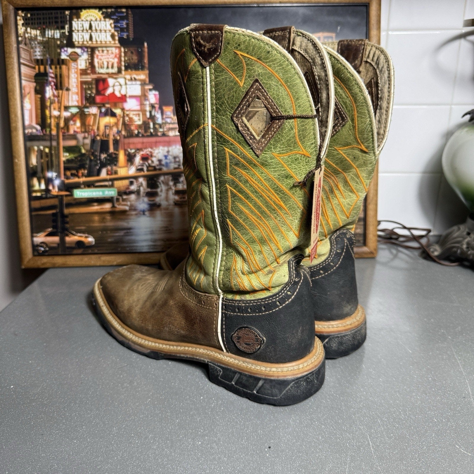 Justin Hybred WK4970 Green Grass Square Toe Wellington EH Work Boots Men’s 8.5D