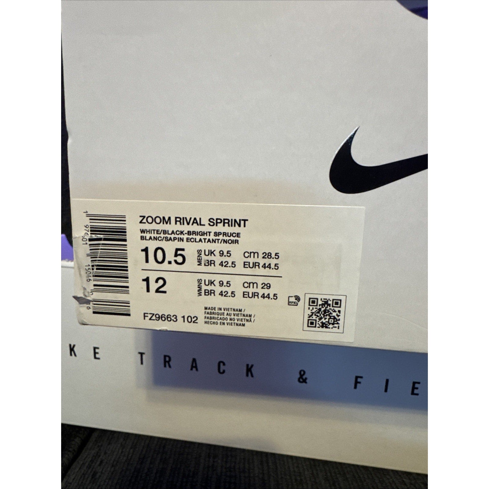 Nike Zoom Rival Sprint Track White Black Bright Spruce FZ9663-102 Sz 10.5 New