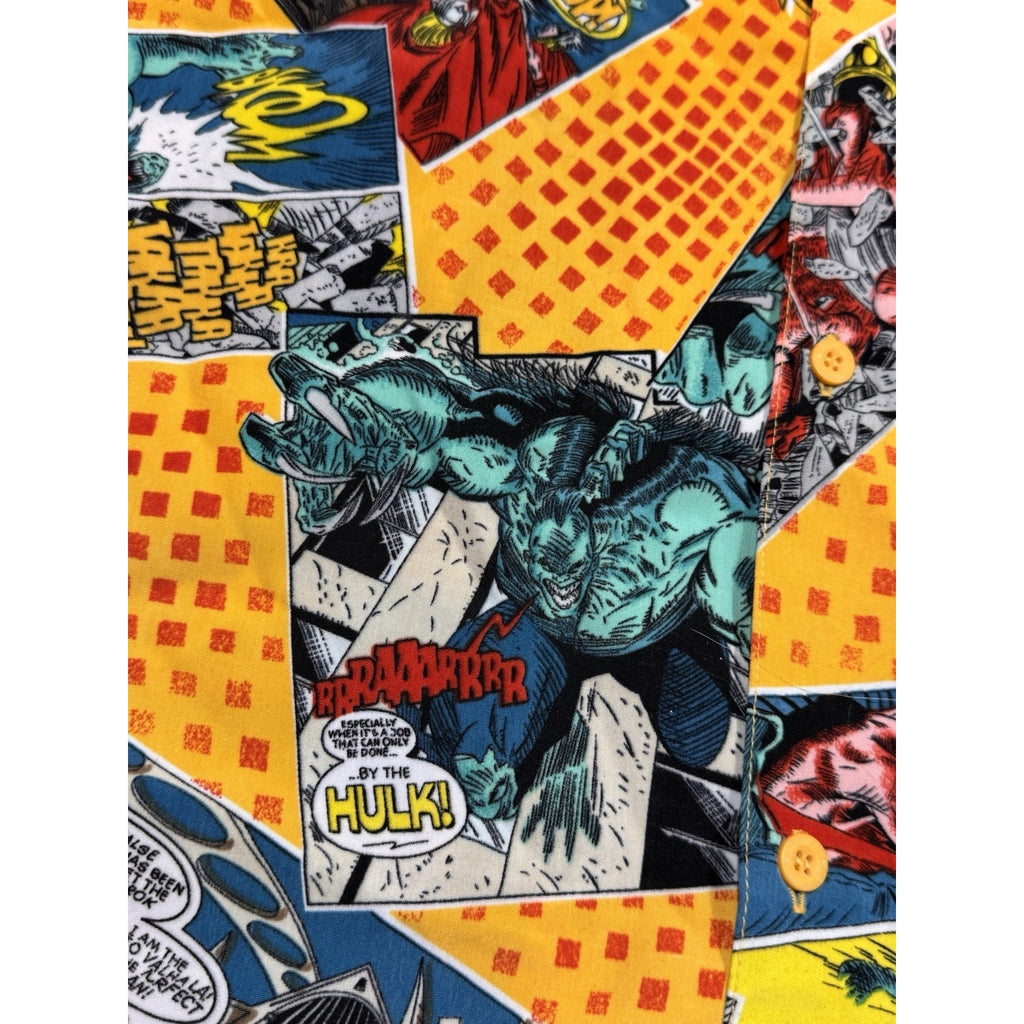Vtg KAD Comic Book All Over Print Button Up Shirt Marvel Style XL Thor Hulk Y2K