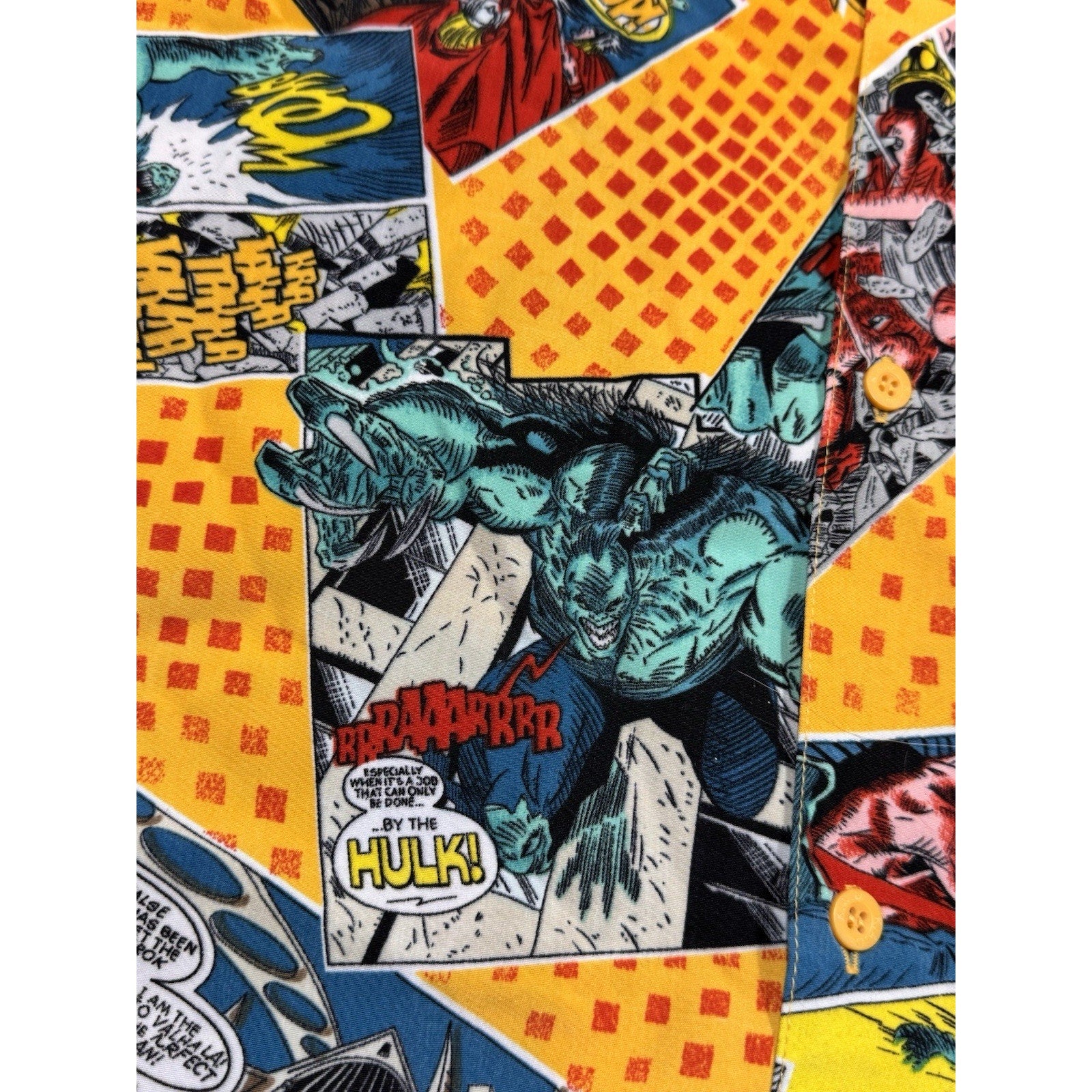 Vtg KAD Comic Book All Over Print Button Up Shirt Marvel Style XL Thor Hulk Y2K