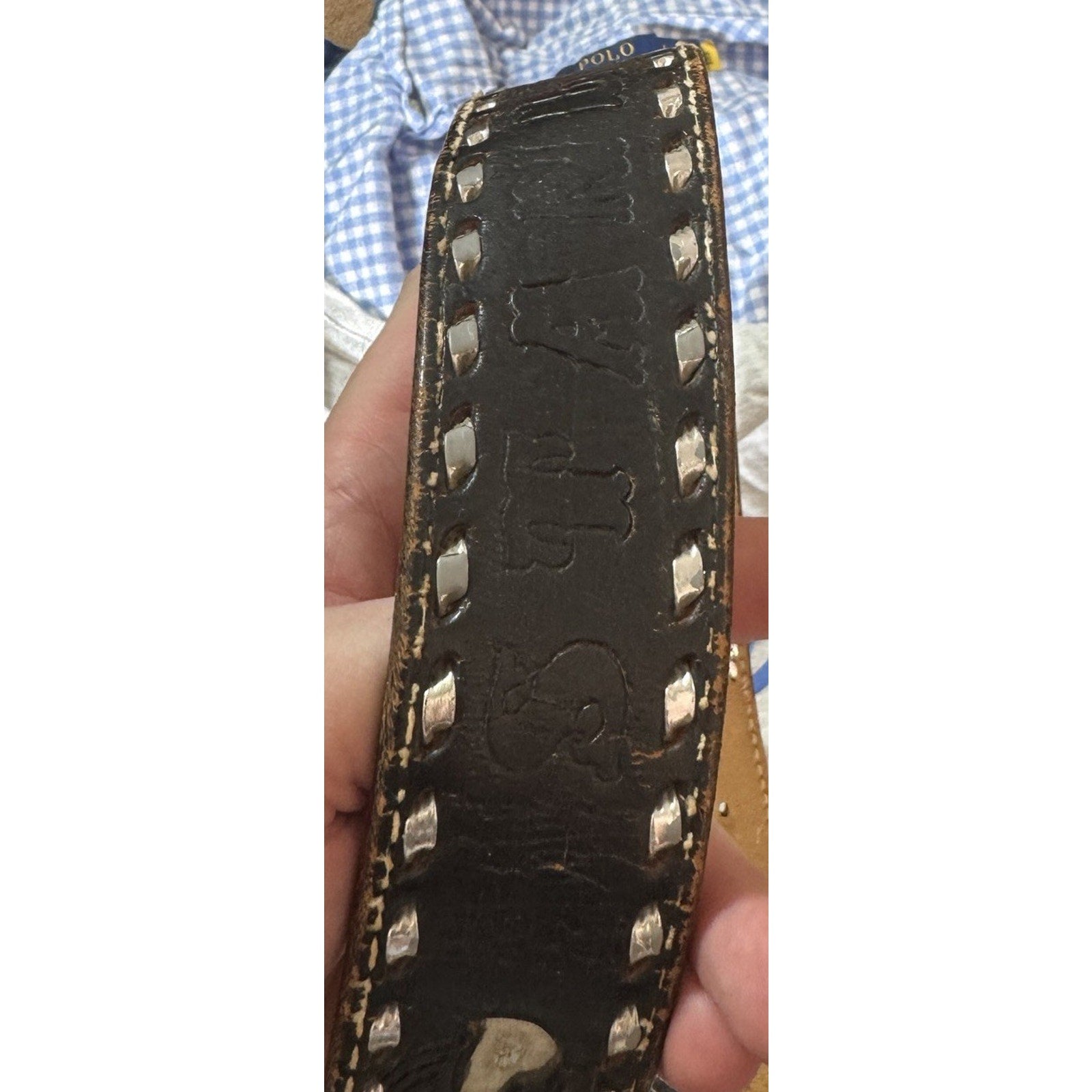 Vtg 70-80s Western Tooled Leather Belt Buckle 32 Buckstitch Pearl Inlay USA Made
