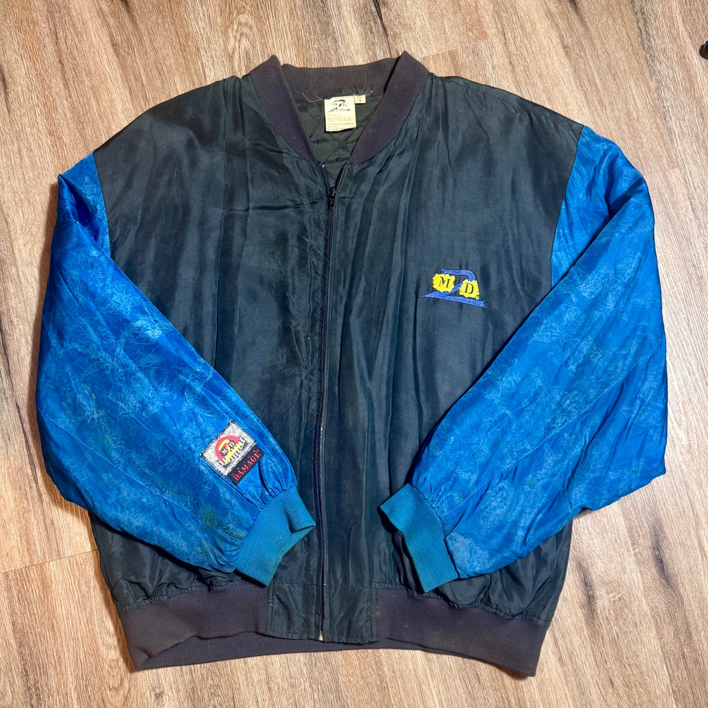 Vintage M2D Major Damage Silk Bomber Jacket Mens XL XXL Blue Black 90s Hip Hop