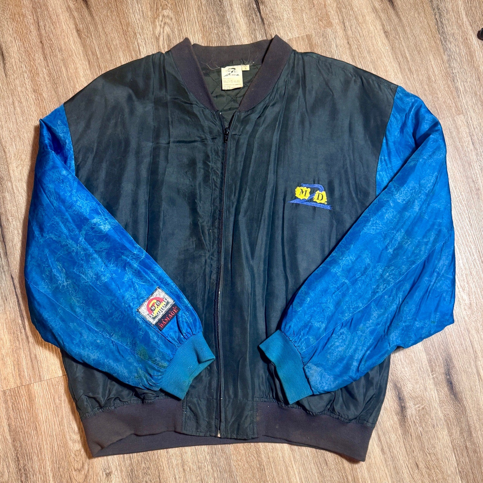 Vintage M2D Major Damage Silk Bomber Jacket Mens XL XXL Blue Black 90s Hip Hop