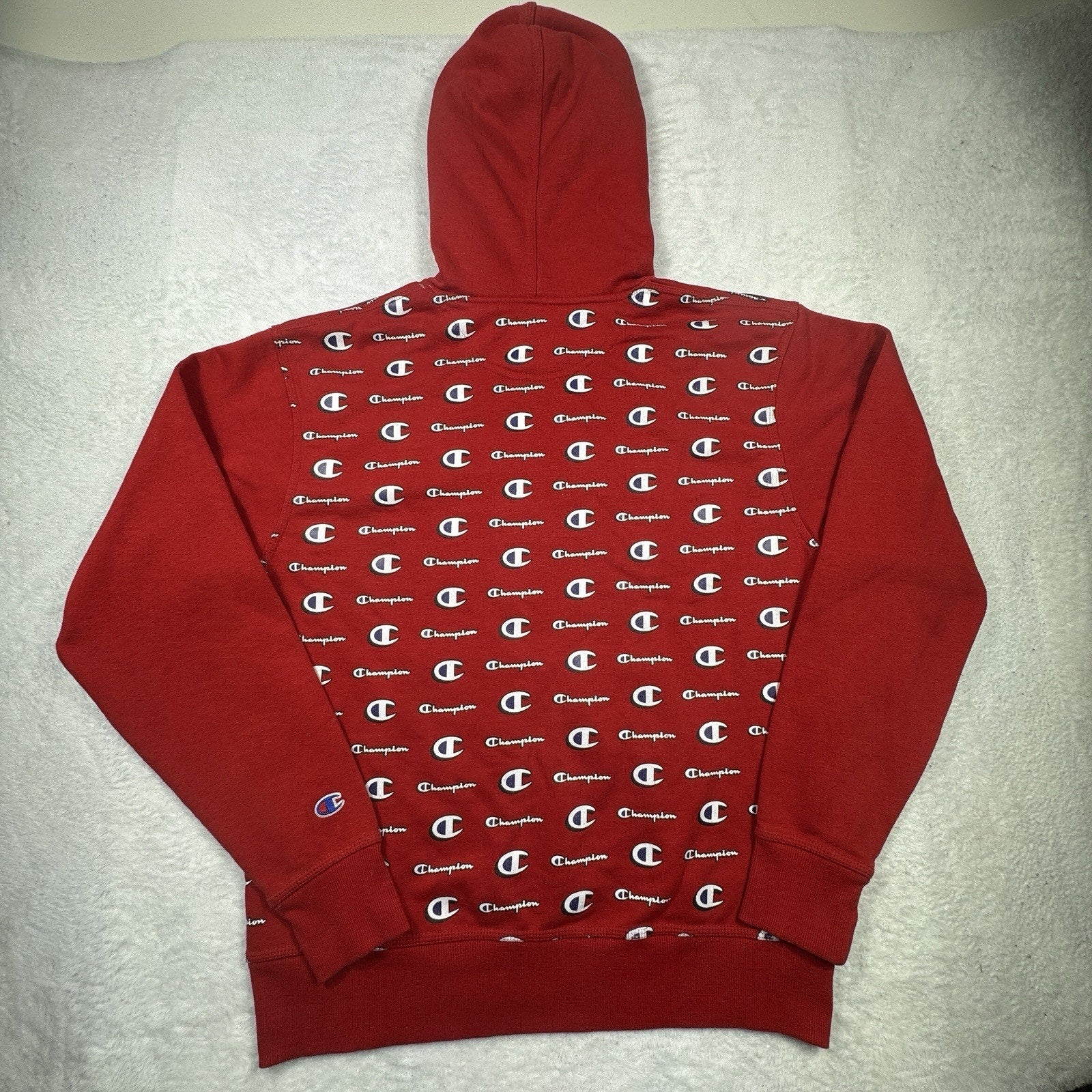 Champion All Over Logo Print Hoodie Mens M Red Pullover Sweatshirt Spell Out AOP