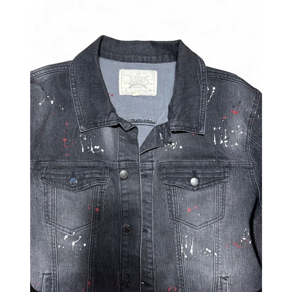 Akademiks Jeanius Black Denim Jacket Men’s 2XL Paint Splatter Y2K Streetwear