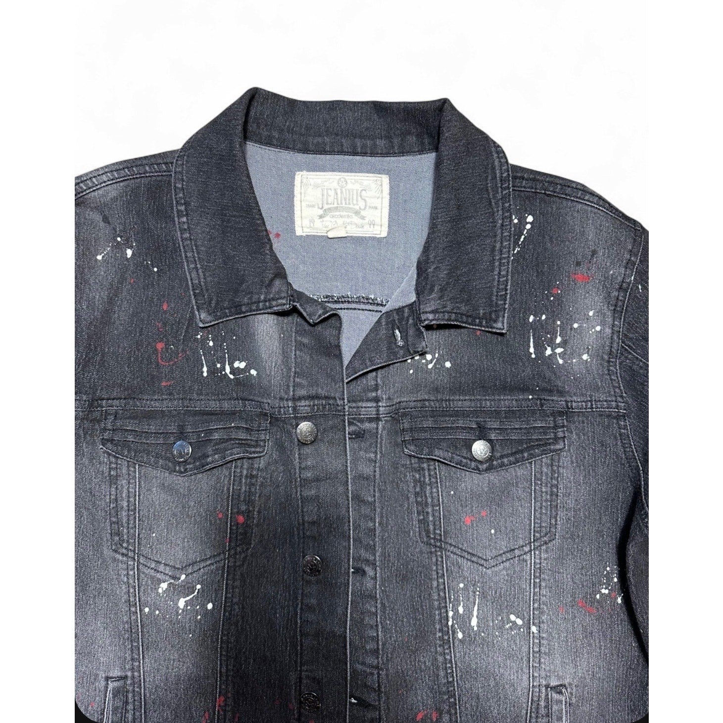 Akademiks Jeanius Black Denim Jacket Men’s 2XL Paint Splatter Y2K Streetwear
