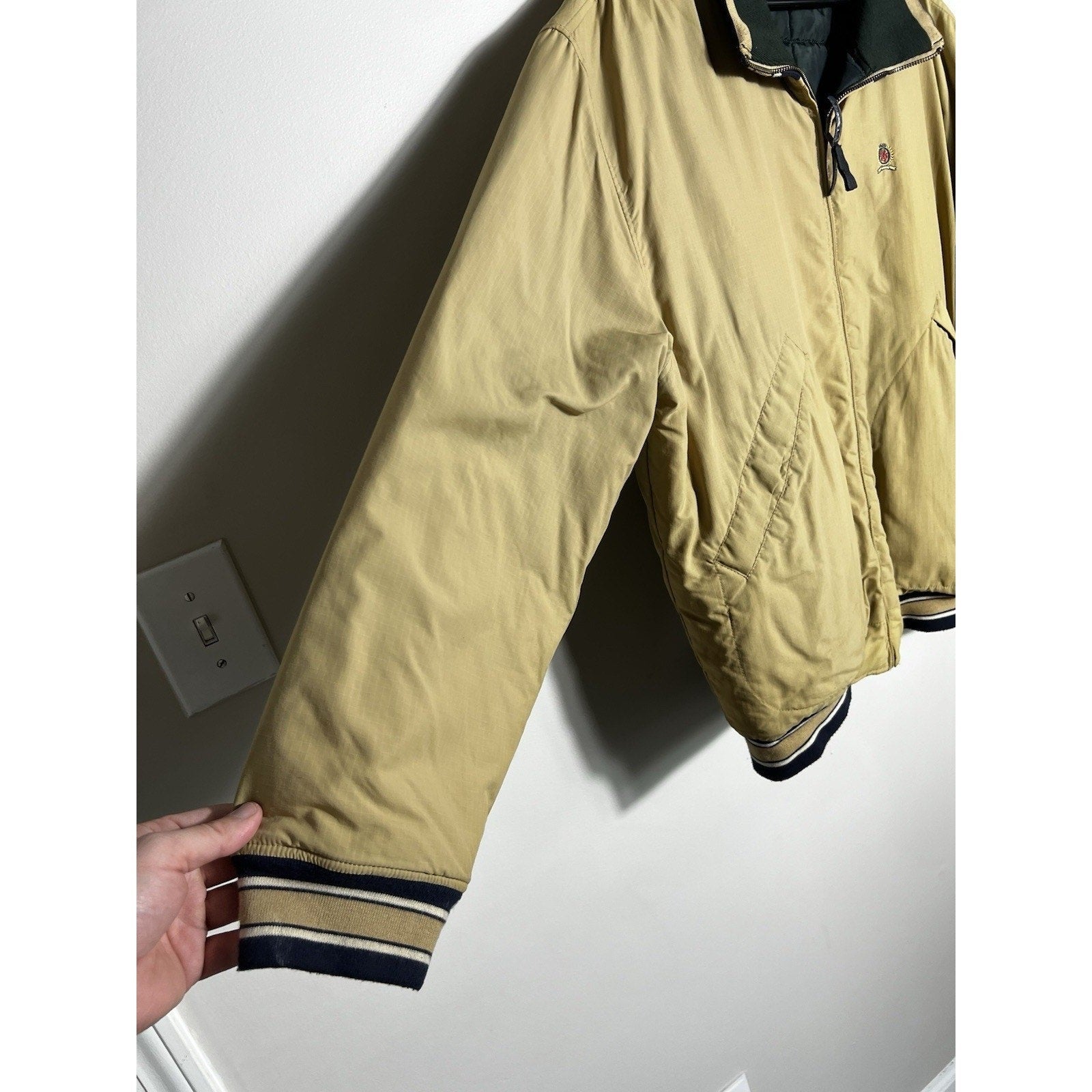 VTG 90s Tommy Hilfiger Reversible Bomber Jacket Tan Green L/XL Puffer Coat Y2K