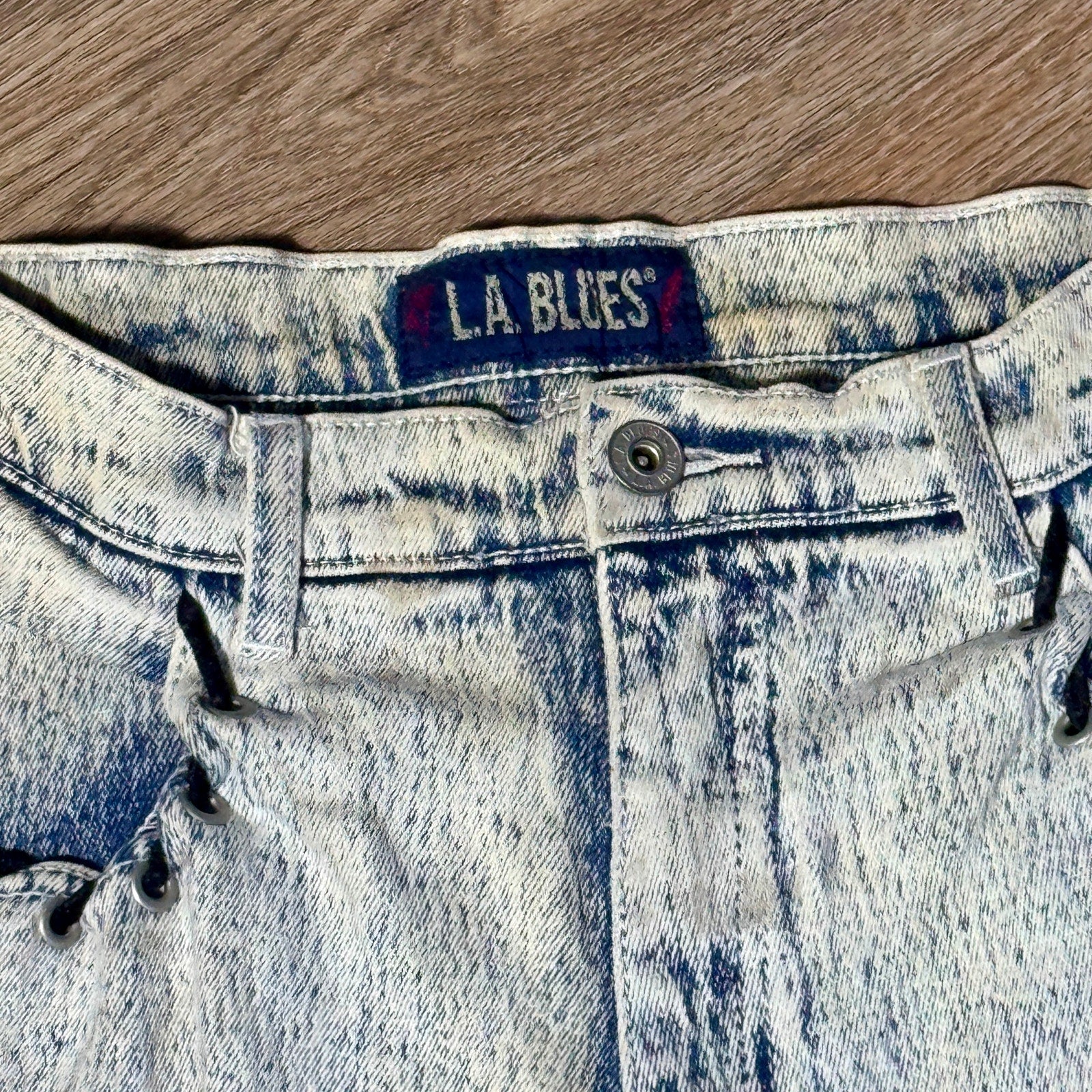 Vtg 80s/90s L.A. Blues Acid Wash Lace Up Jeans Womens 16 Velvet Trim High Rise