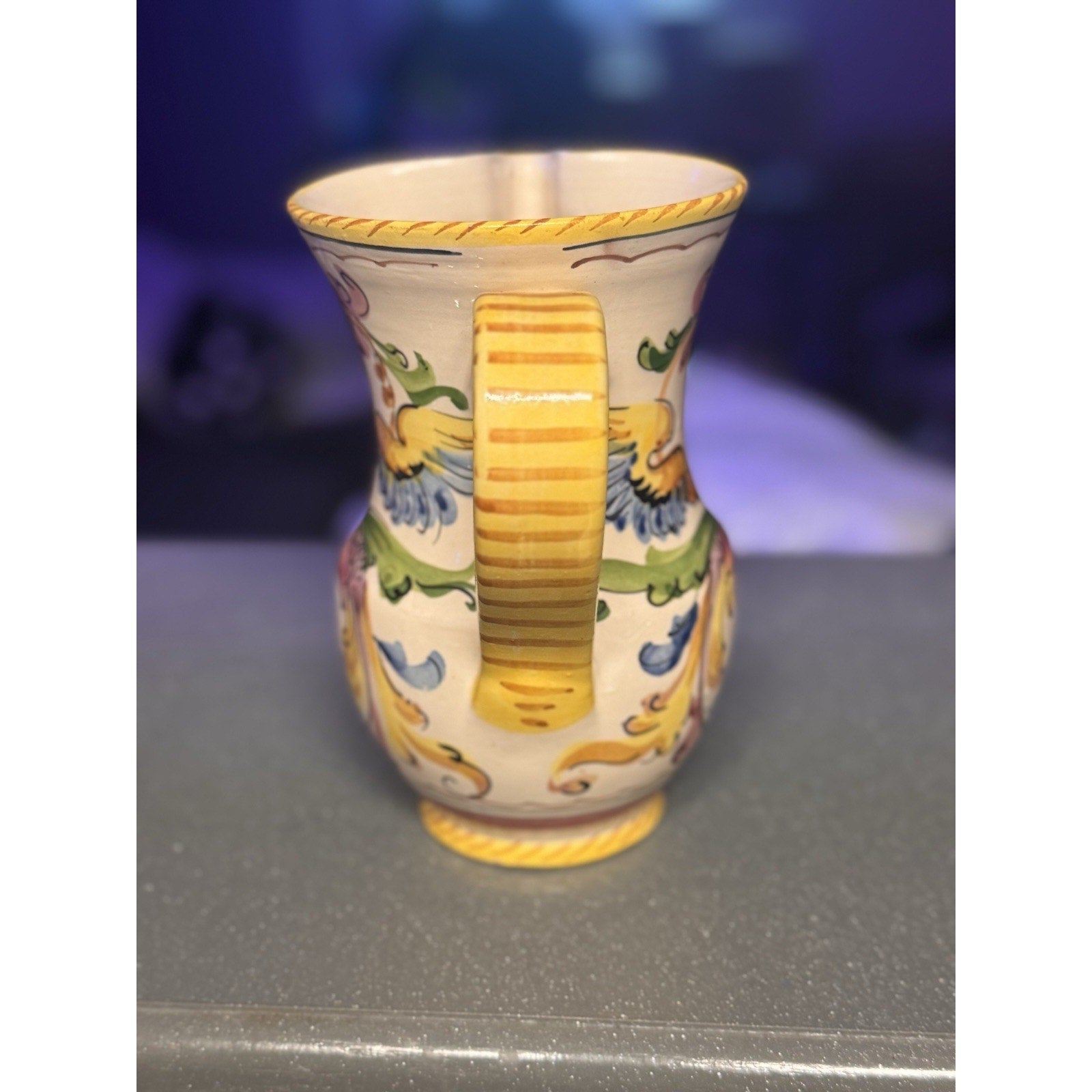 Vtg Italian Majolica Hand Painted Pitcher Floral Ceramic Vase Italy 6.75”
