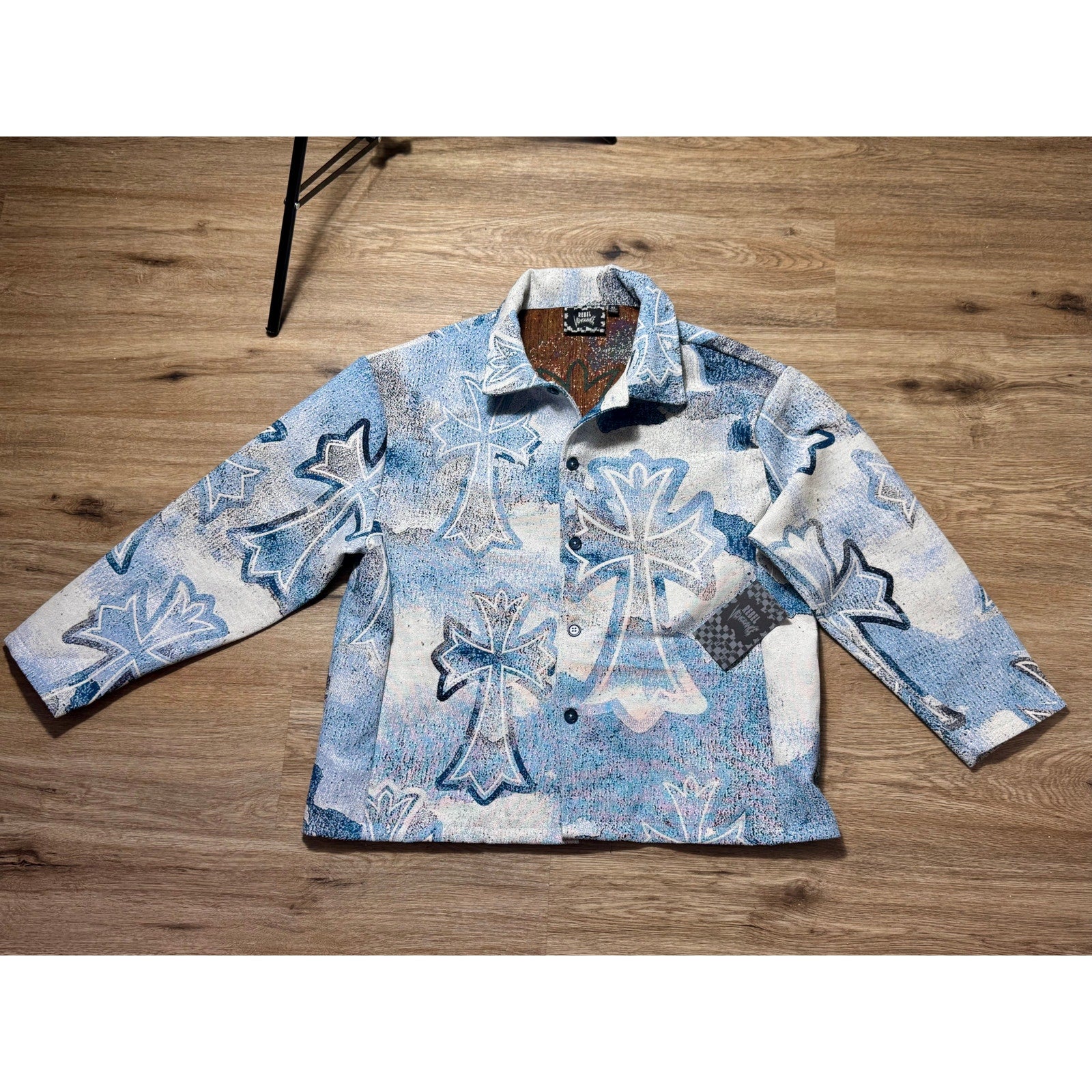 Gothic Cross Tapestry Jacket Blue CreamBoxy Streetwear L Large Rebel Vengeance