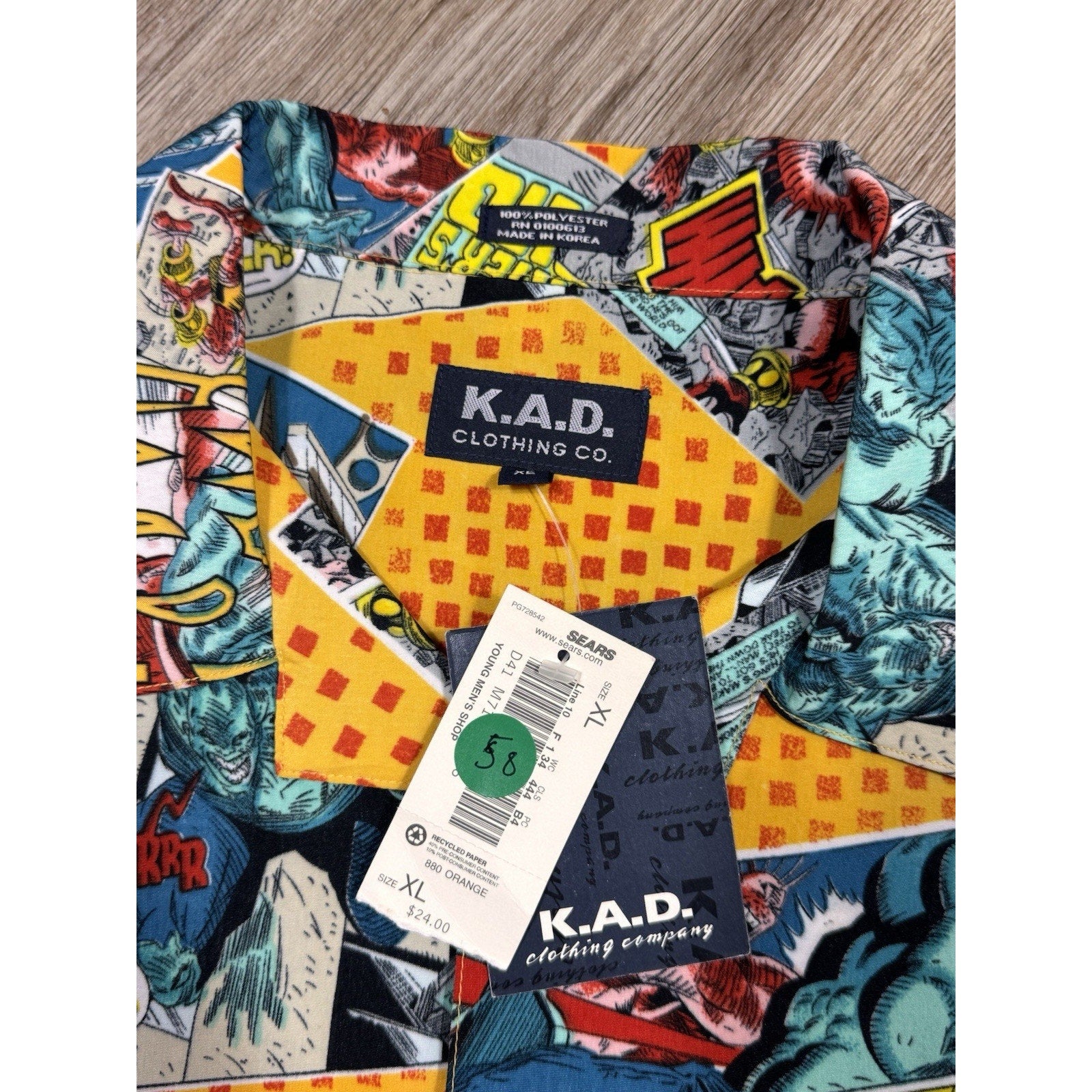 Vtg KAD Comic Book All Over Print Button Up Shirt Marvel Style XL Thor Hulk Y2K