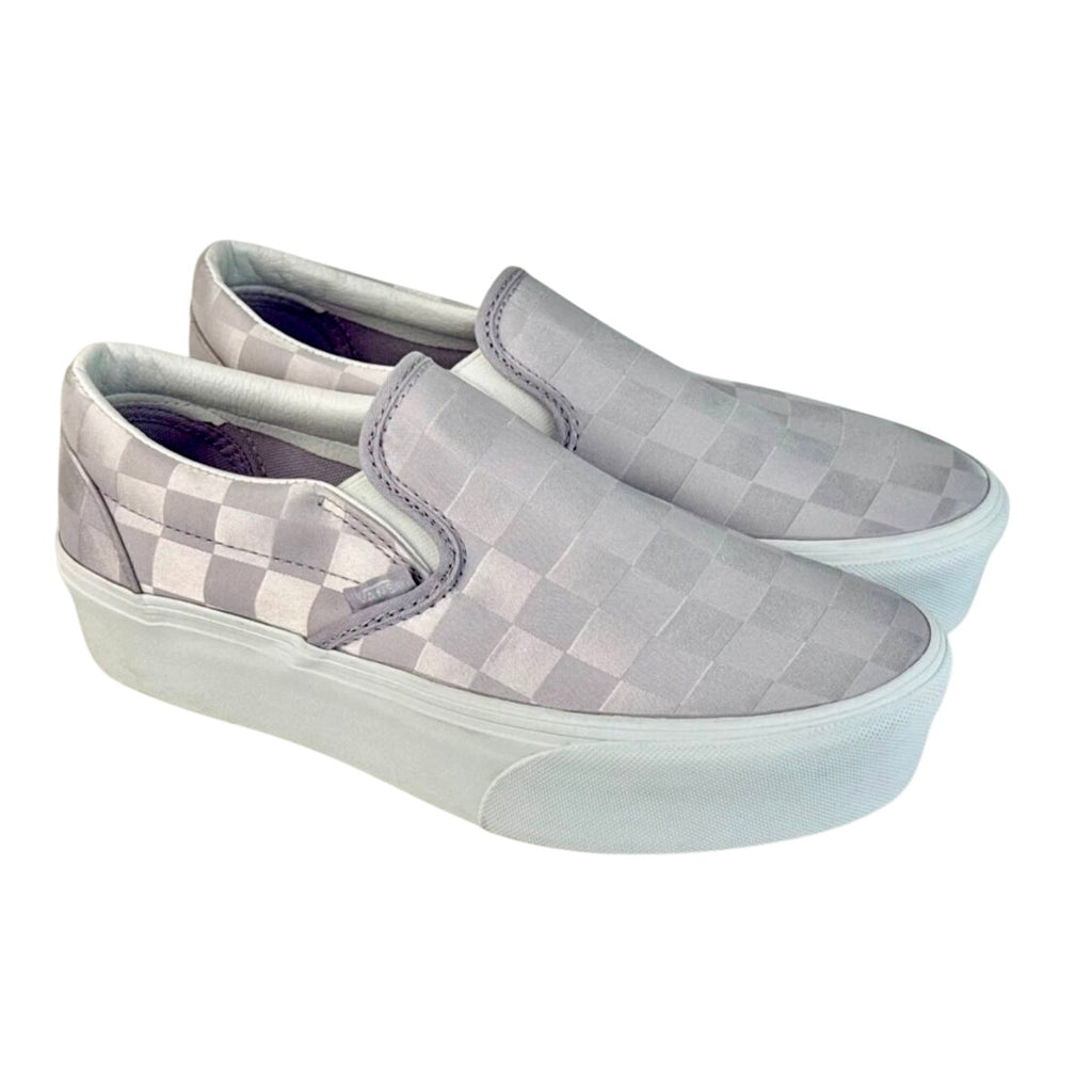 Vans Classic Slip-On Stackform Checkerboard Satin Lilac Purple Platform Shoes W7