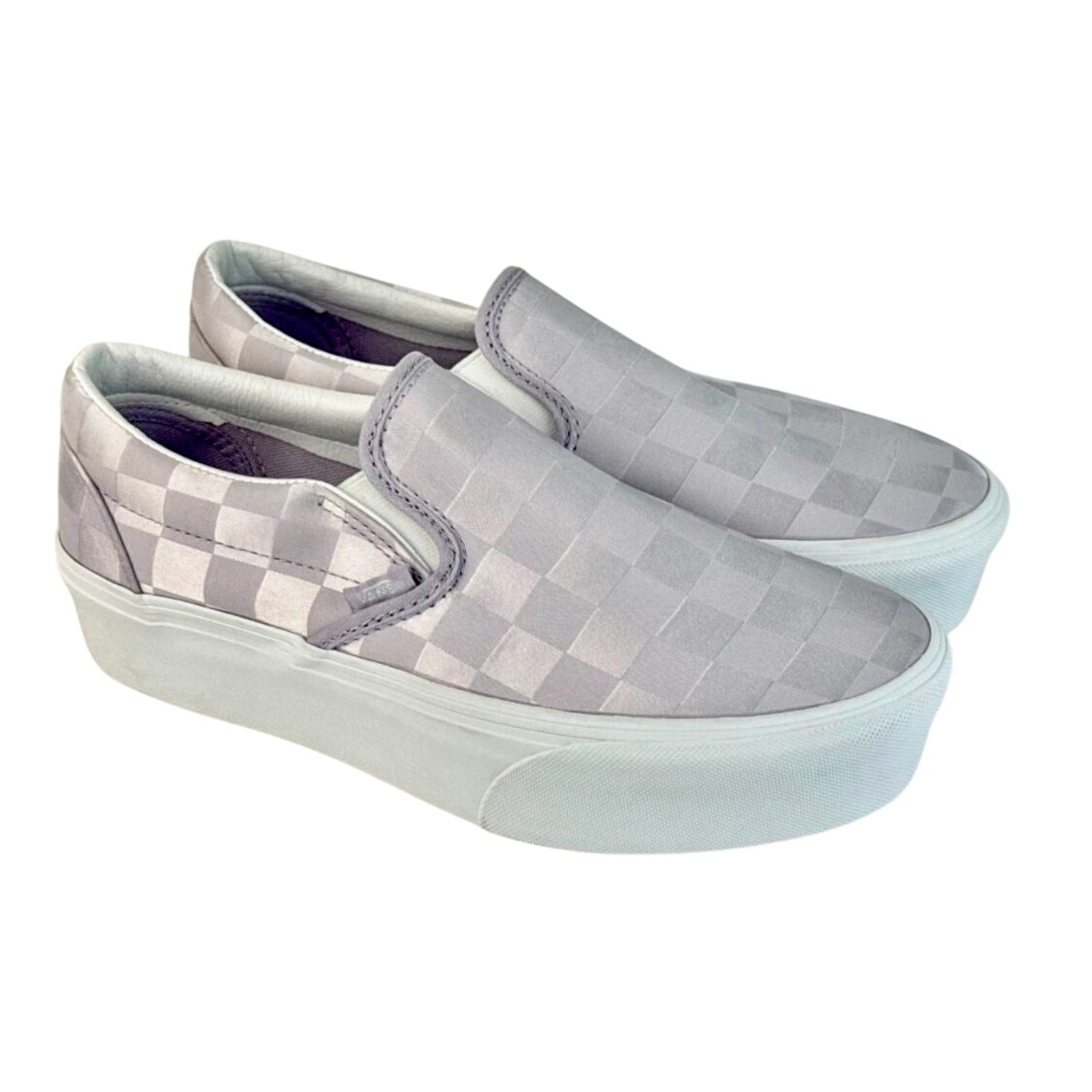 Vans Classic Slip-On Stackform Checkerboard Satin Lilac Purple Platform Shoes W7