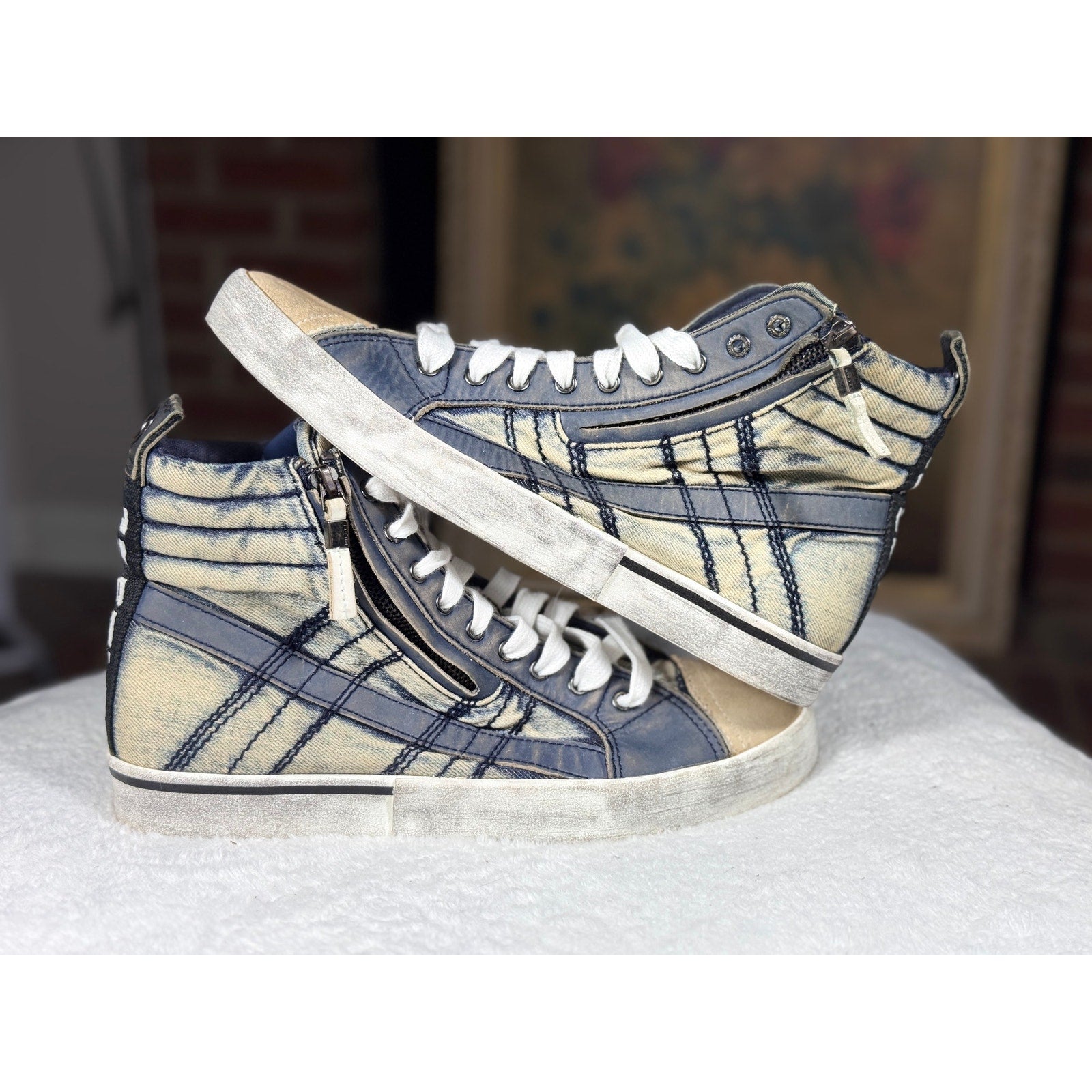 Diesel D-Velows Mid Lace Denim Distressed High Top Sneakers Men’s 9.5 Y2K Grunge