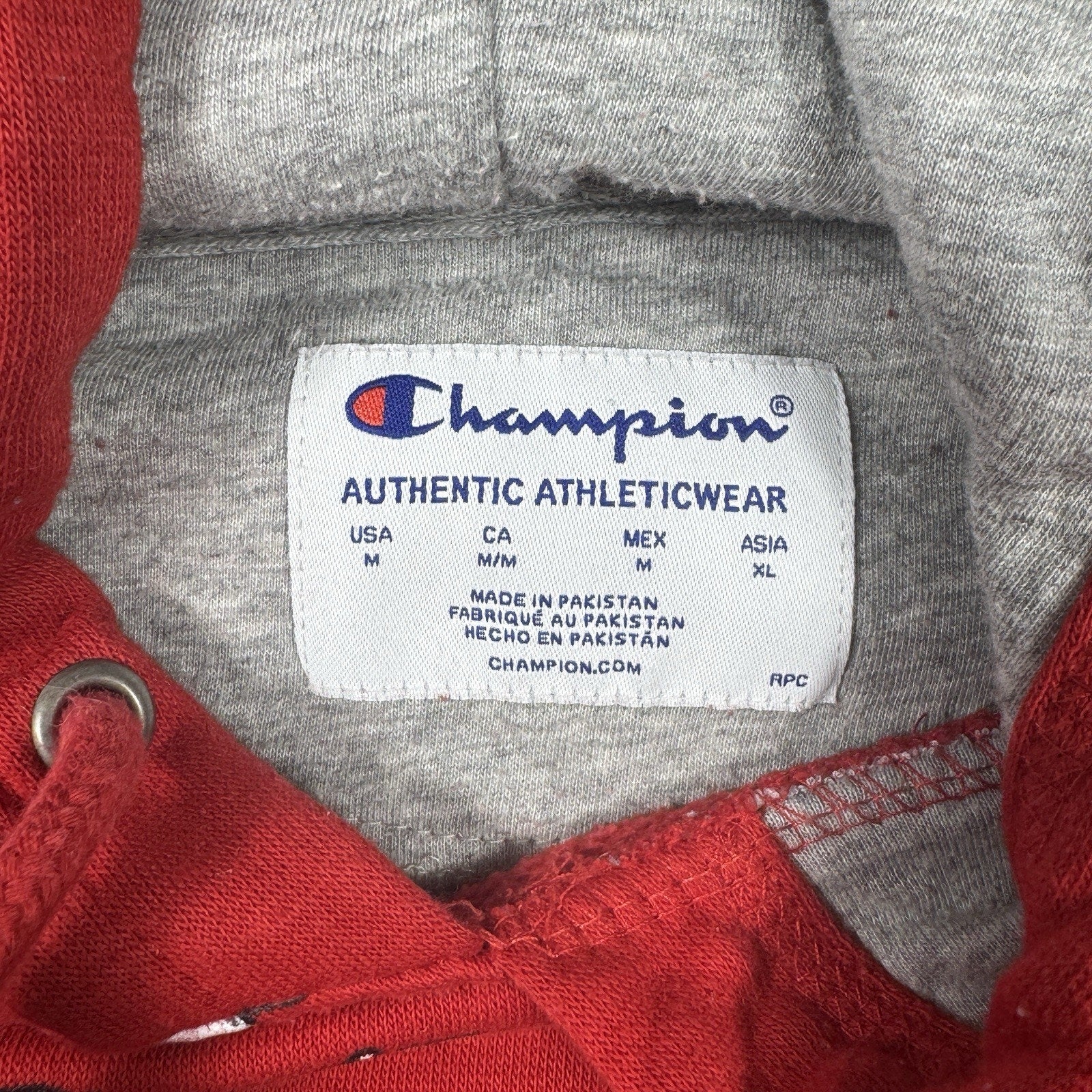 Champion All Over Logo Print Hoodie Mens M Red Pullover Sweatshirt Spell Out AOP