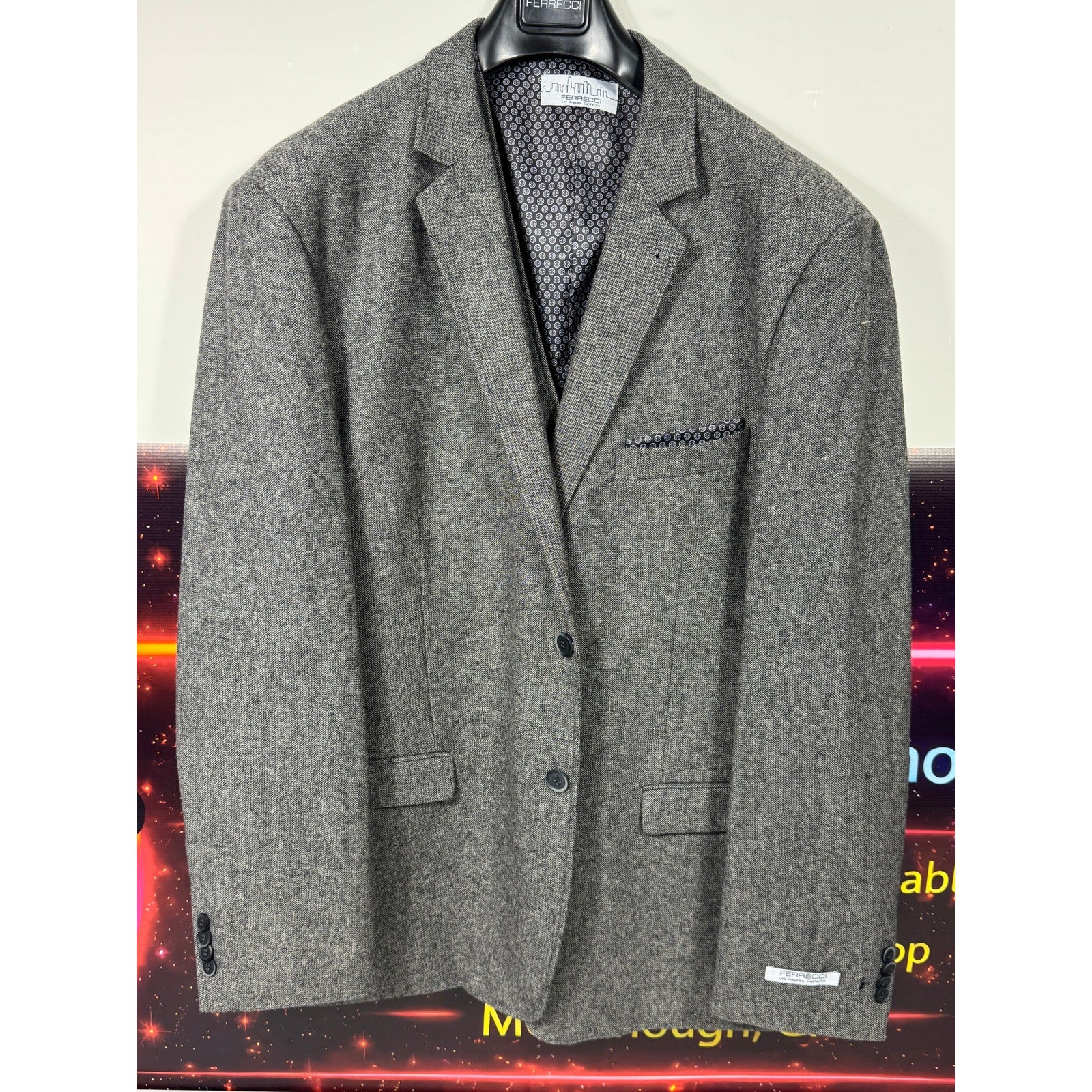 Ferrecci Bradford Grey Tweed Suit Jacket & Vest Mens 48R Slim Fit Formal XXL