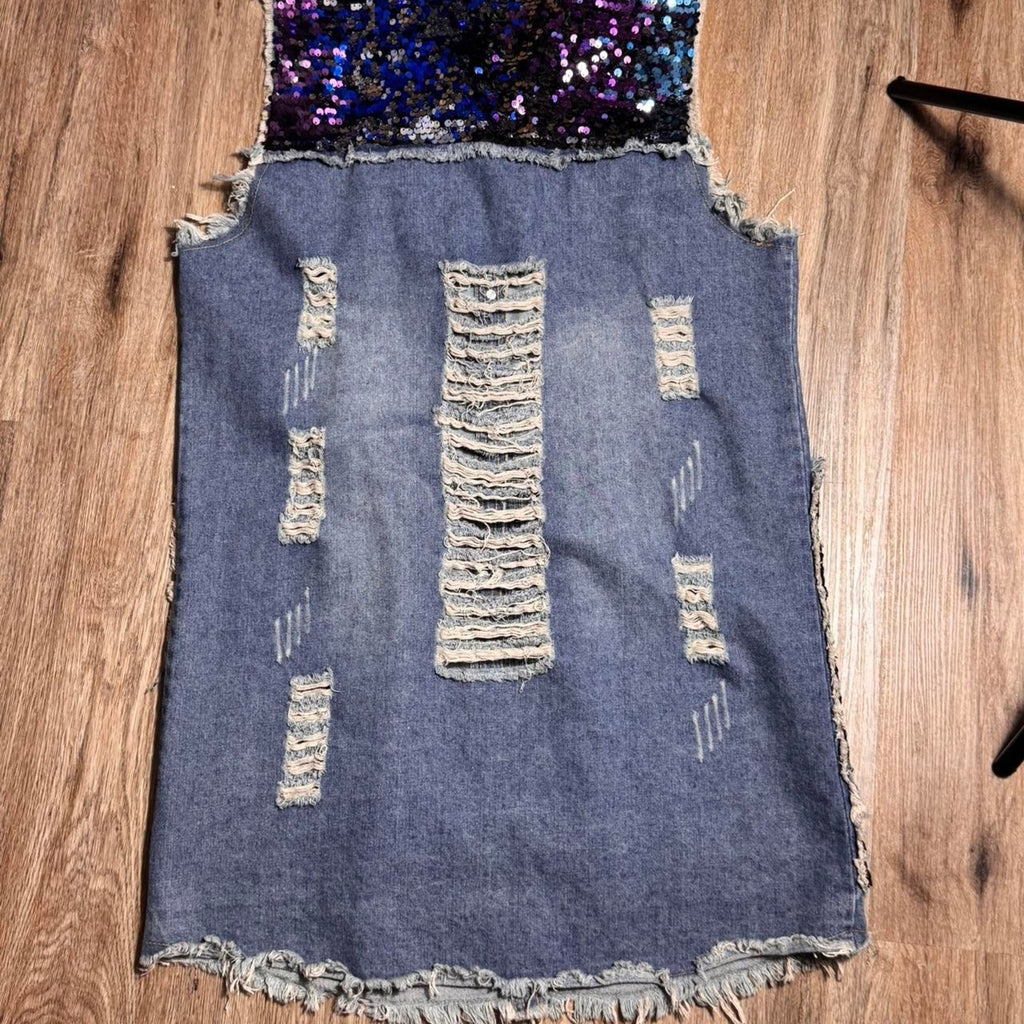 Women's Y2K Distressed Denim Sequin Vest Jacket Festival Rave Glam Large