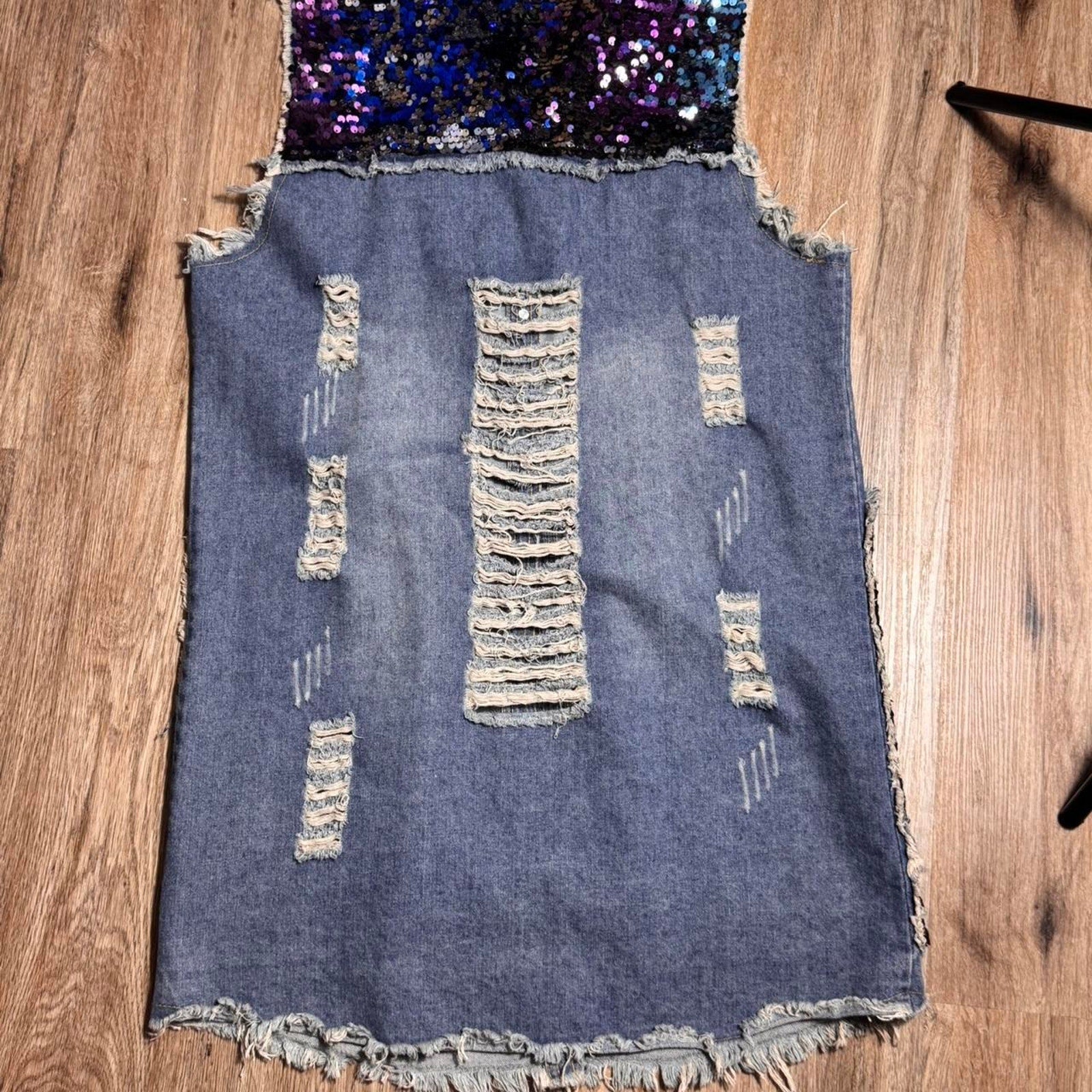 Women's Y2K Distressed Denim Sequin Vest Jacket Festival Rave Glam Large