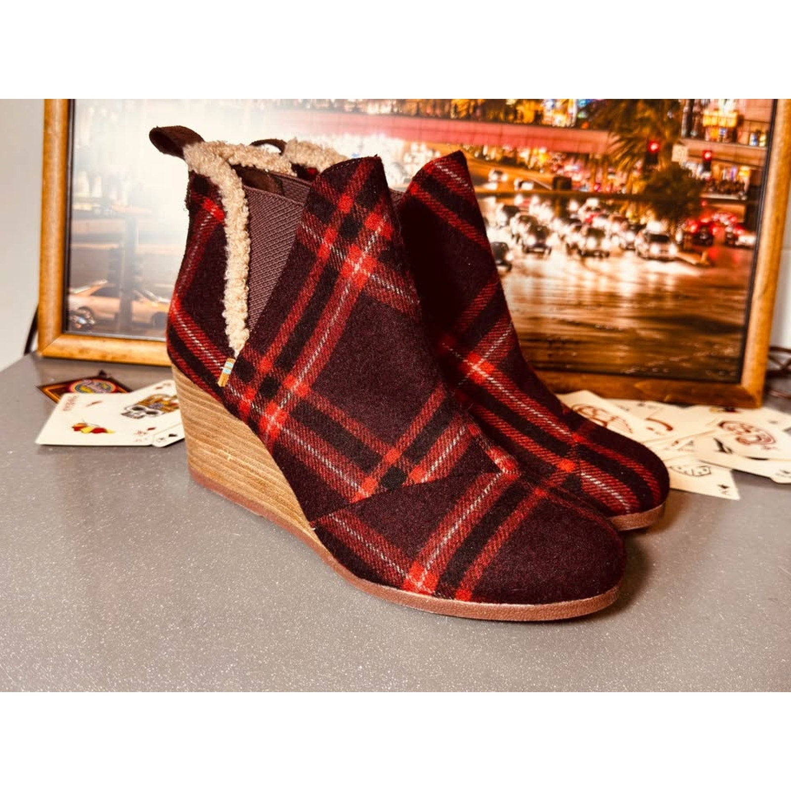 Copied - TOMS Women’s Kelsey Wedge Ankle Boots Sz 5 Red Earthy Plaid Wool Blend
