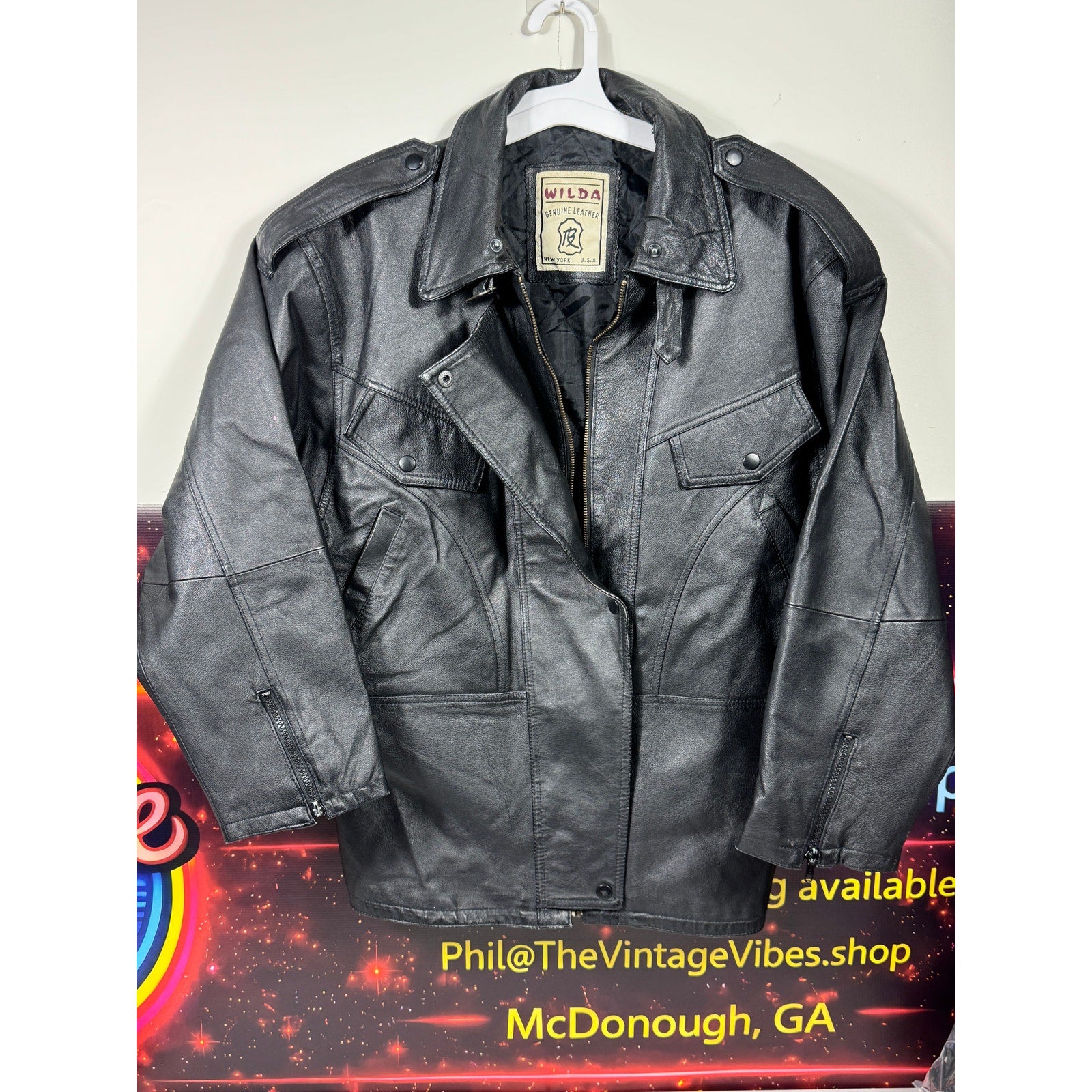 Men's Vintage Wilda Genuine Leather Black Motorcycle Jacket Made in USA Large