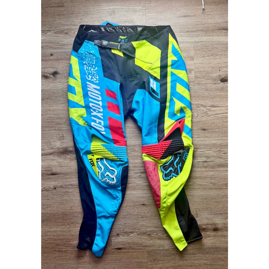 Y2K Fox Racing 360 Motocross Pants Size 34 Blue Yellow Red MX ATV Dirt Bike L
