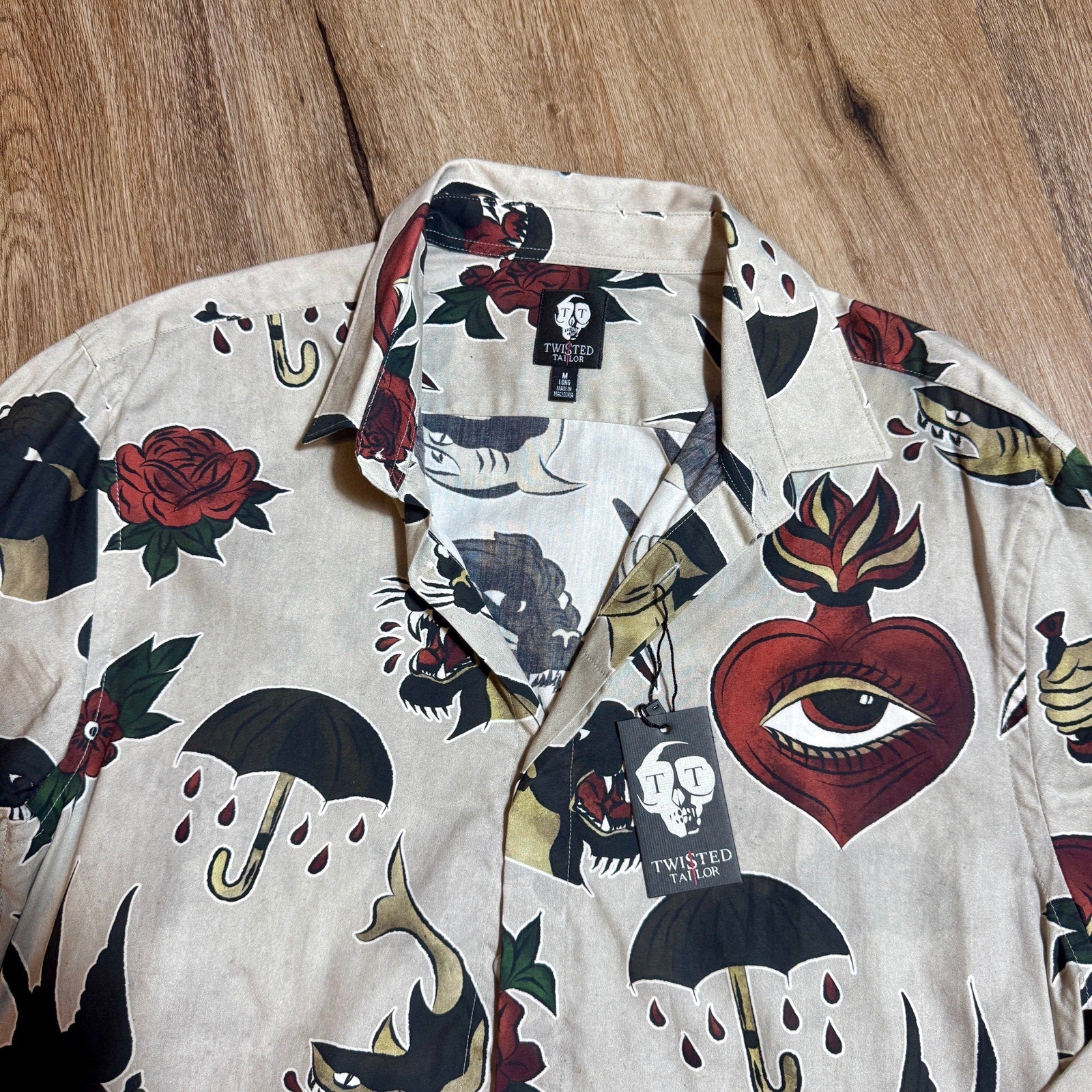 Twisted Tailor Tattoo Flash Print Button Up Shirt Men’s Medium Long NWT