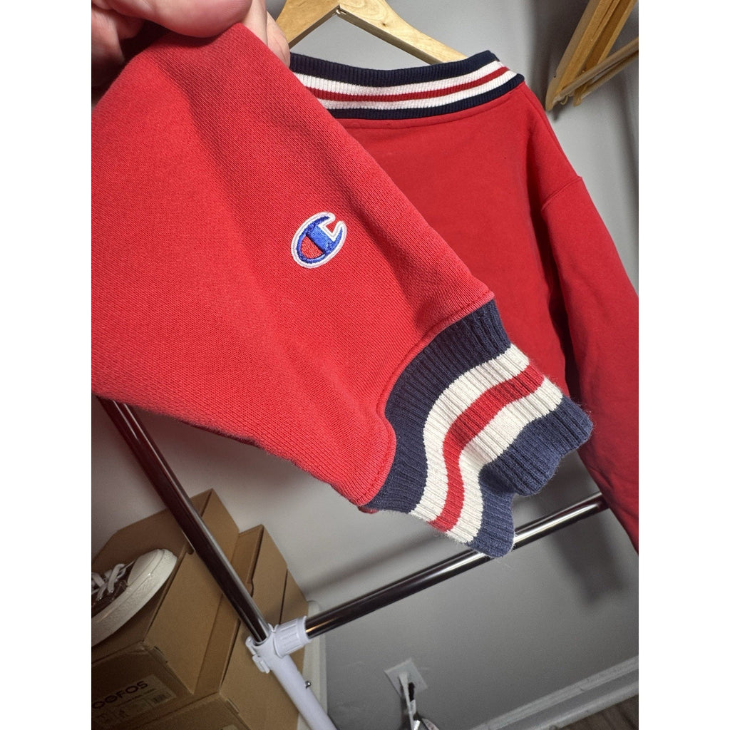 Vtg Champion Reverse Weave Cropped V-Neck Sweatshirt Red Womens Small