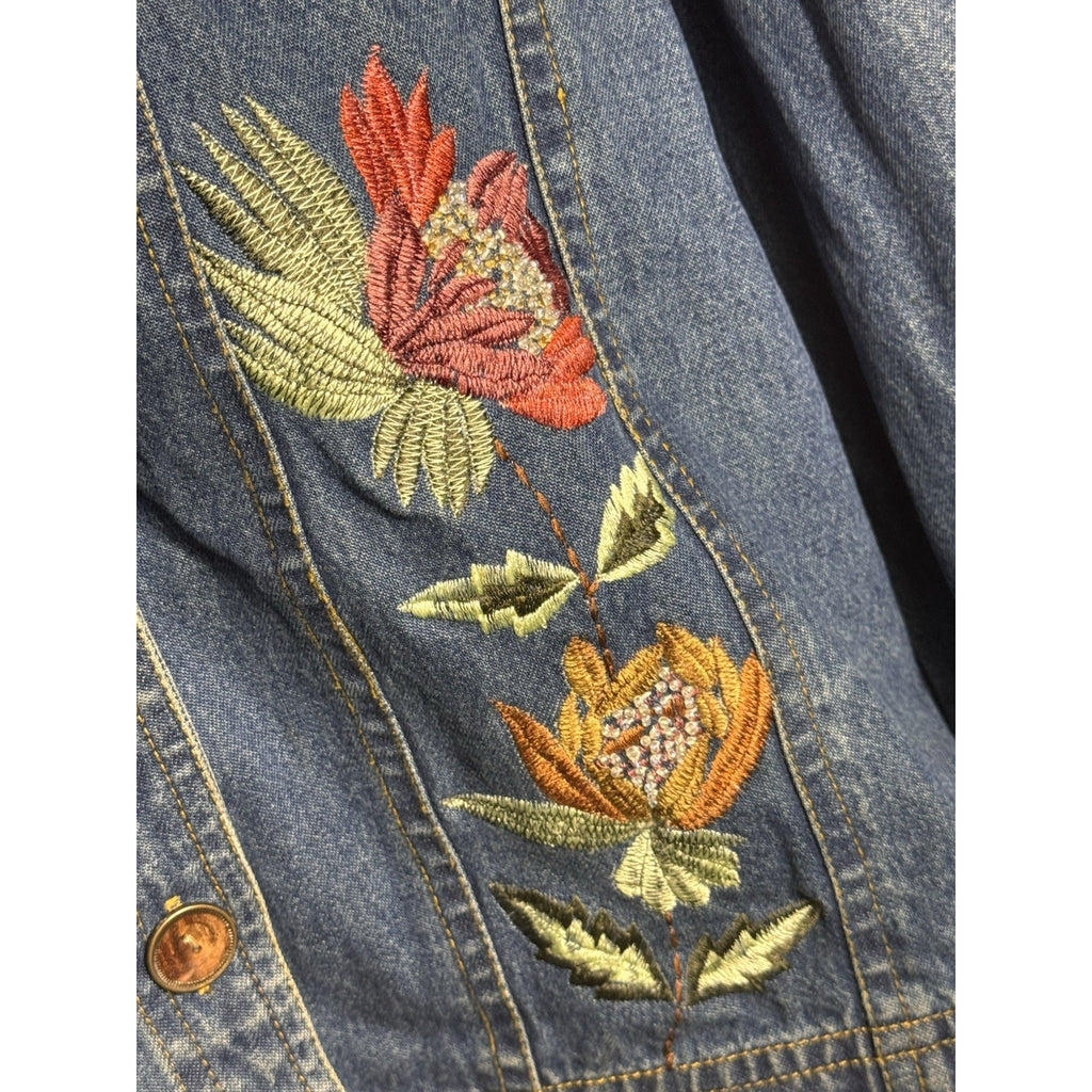 Vtg IKON Clothing Embroidered Floral Denim Jacket Womens XL Button Front