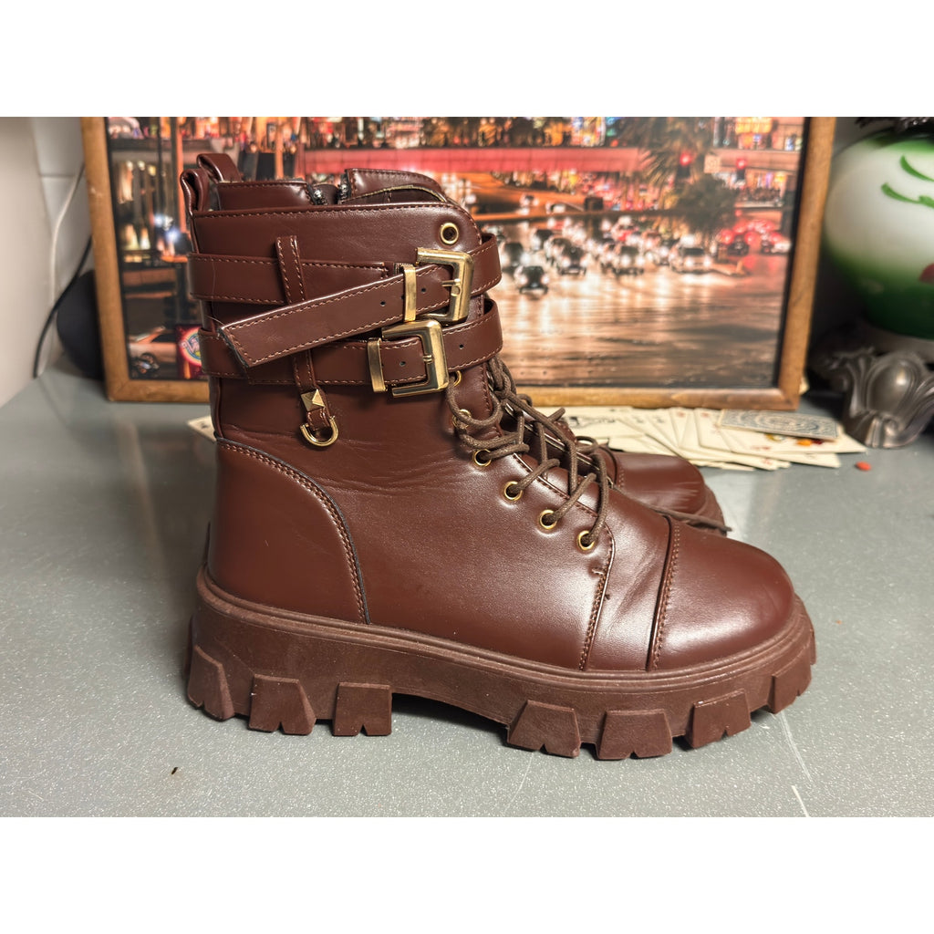 Brown Chunky Platform Combat Boots Women’s Size 6 Lug Sole Buckle Strap Lace Up