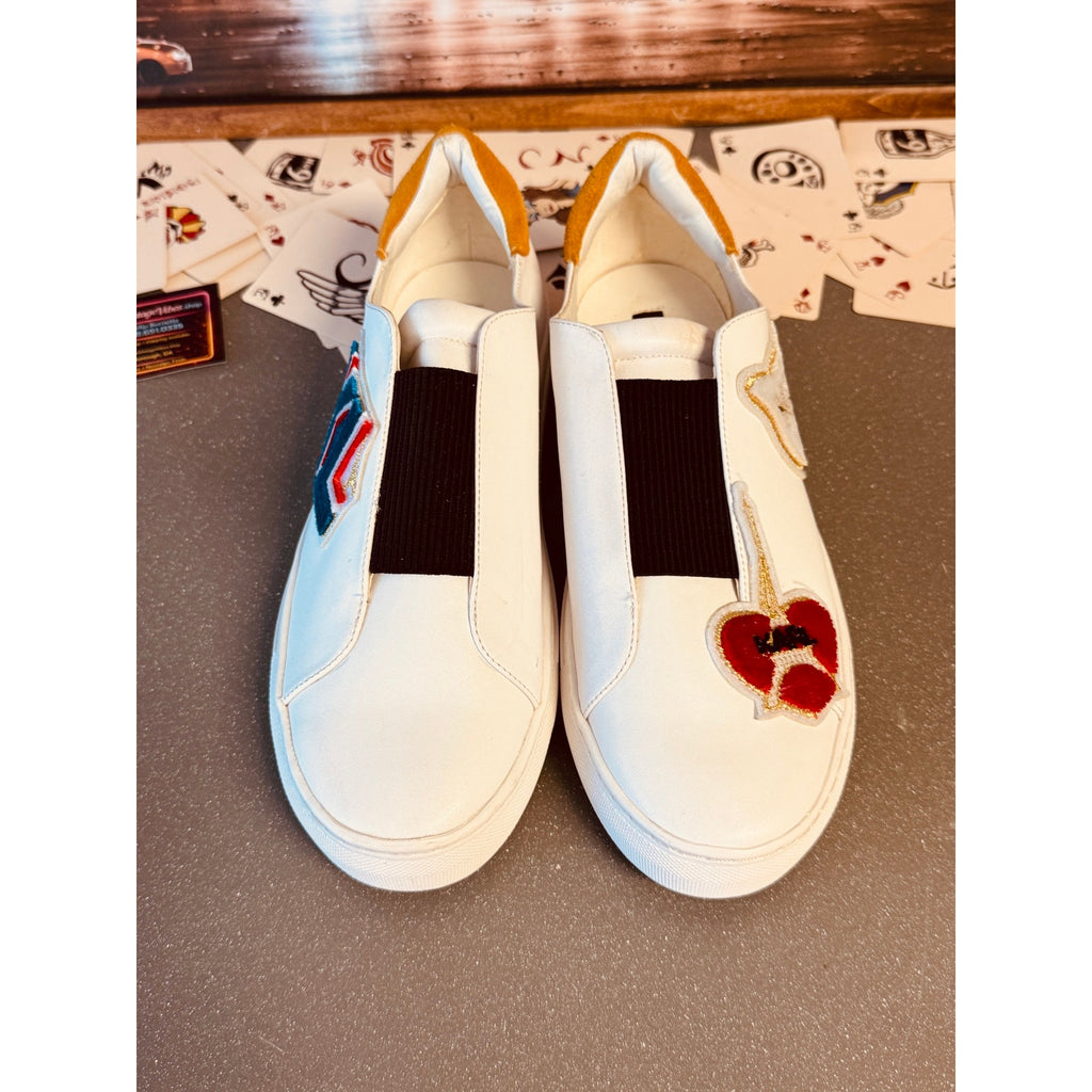 Karl Lagerfeld Paris Women’s Slip On Sneakers White Leather Cat Logo Patch 9.5