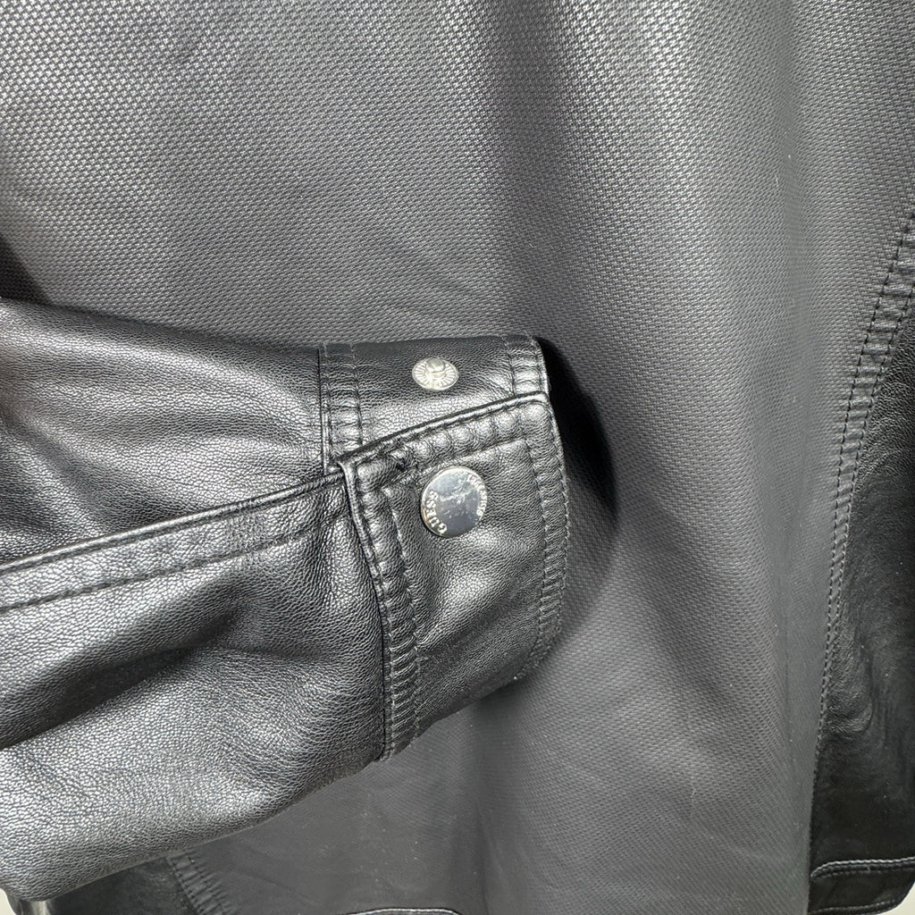 GUESS Mens Large Faux Leather Moto Cafe Racer Jacket Black Quilted Biker Zip