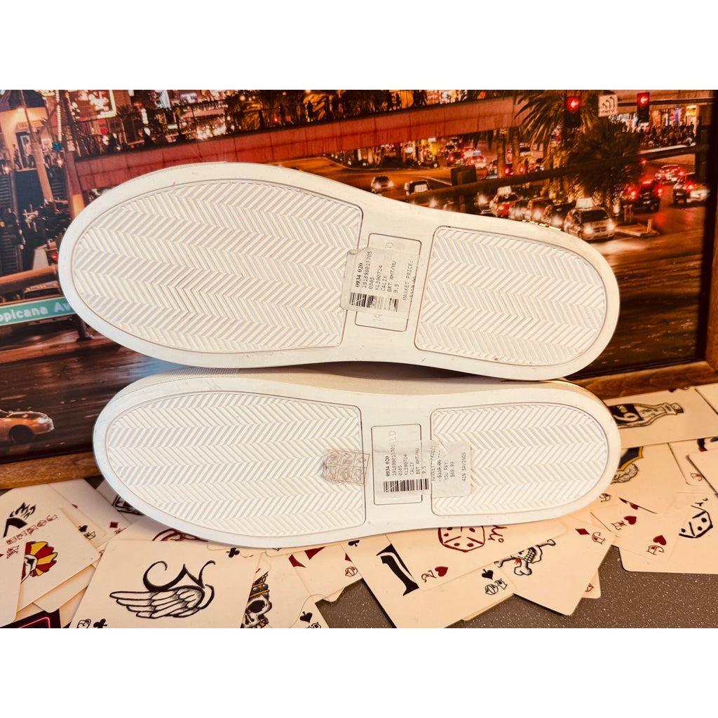 Karl Lagerfeld Paris Women’s Slip On Sneakers White Leather Cat Logo Patch 9.5