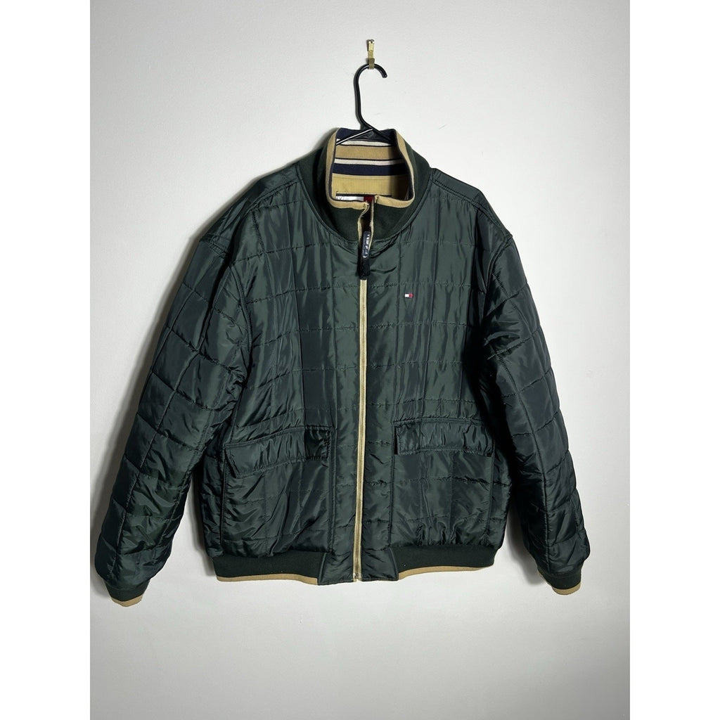 VTG 90s Tommy Hilfiger Reversible Bomber Jacket Tan Green L/XL Puffer Coat Y2K