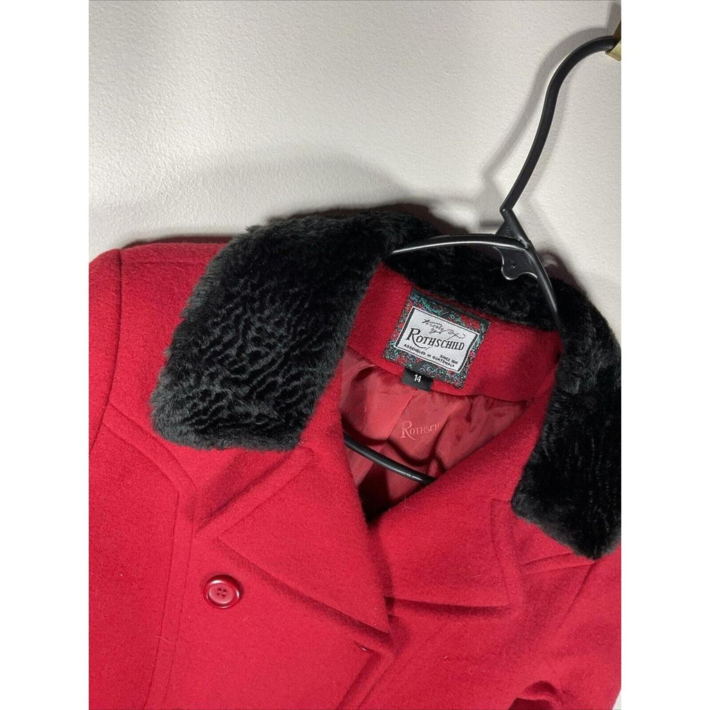 Vintage Rothschild Red Wool Peacoat Women’s Size 14 Faux Fur Collar 90s