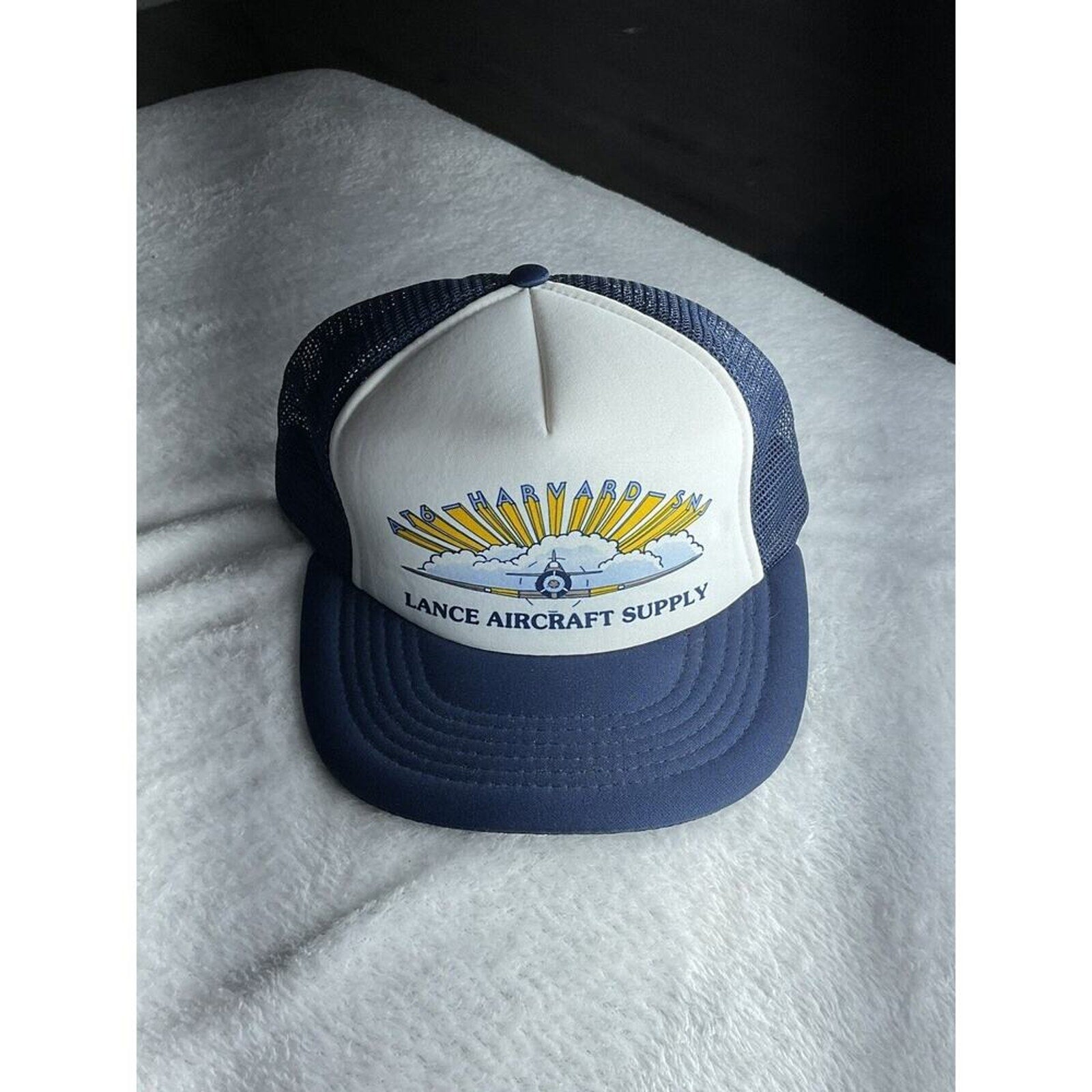 Vintage Lance Aircraft Supply Trucker Hat Jet Blue Foam AT6 Harvard SNJ AIRPLANE