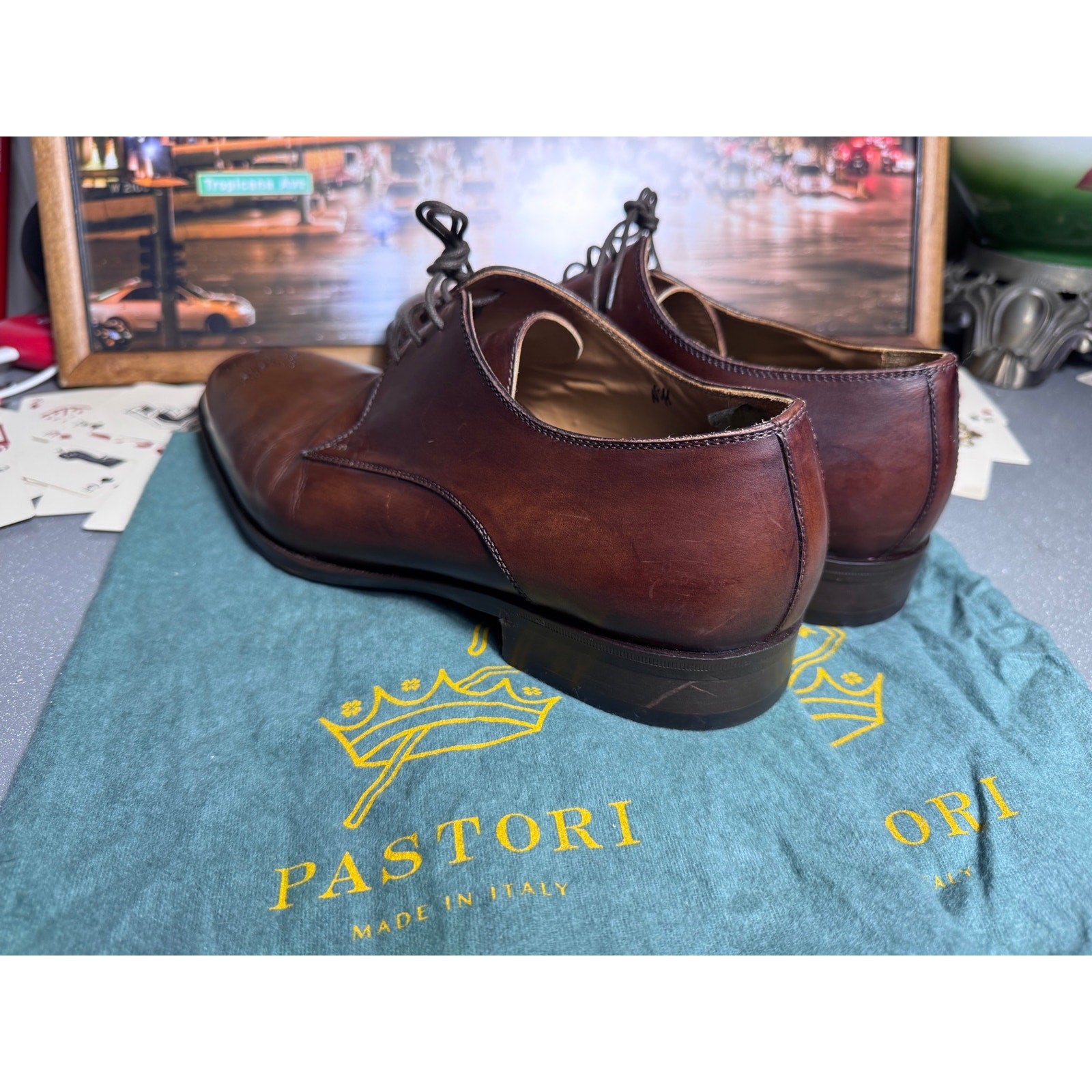 Pastori Handmade Italian Brown Leather Medallion Derby Dress Shoes EU 44 US 11