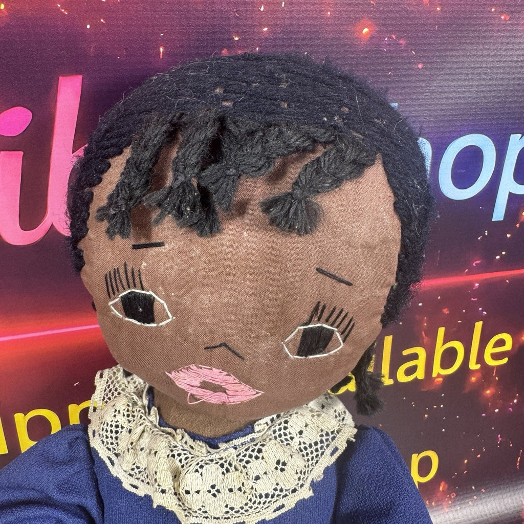 Vintage Handmade African American Cloth Rag Doll Blue Lace Dress Cat 1970s 80s